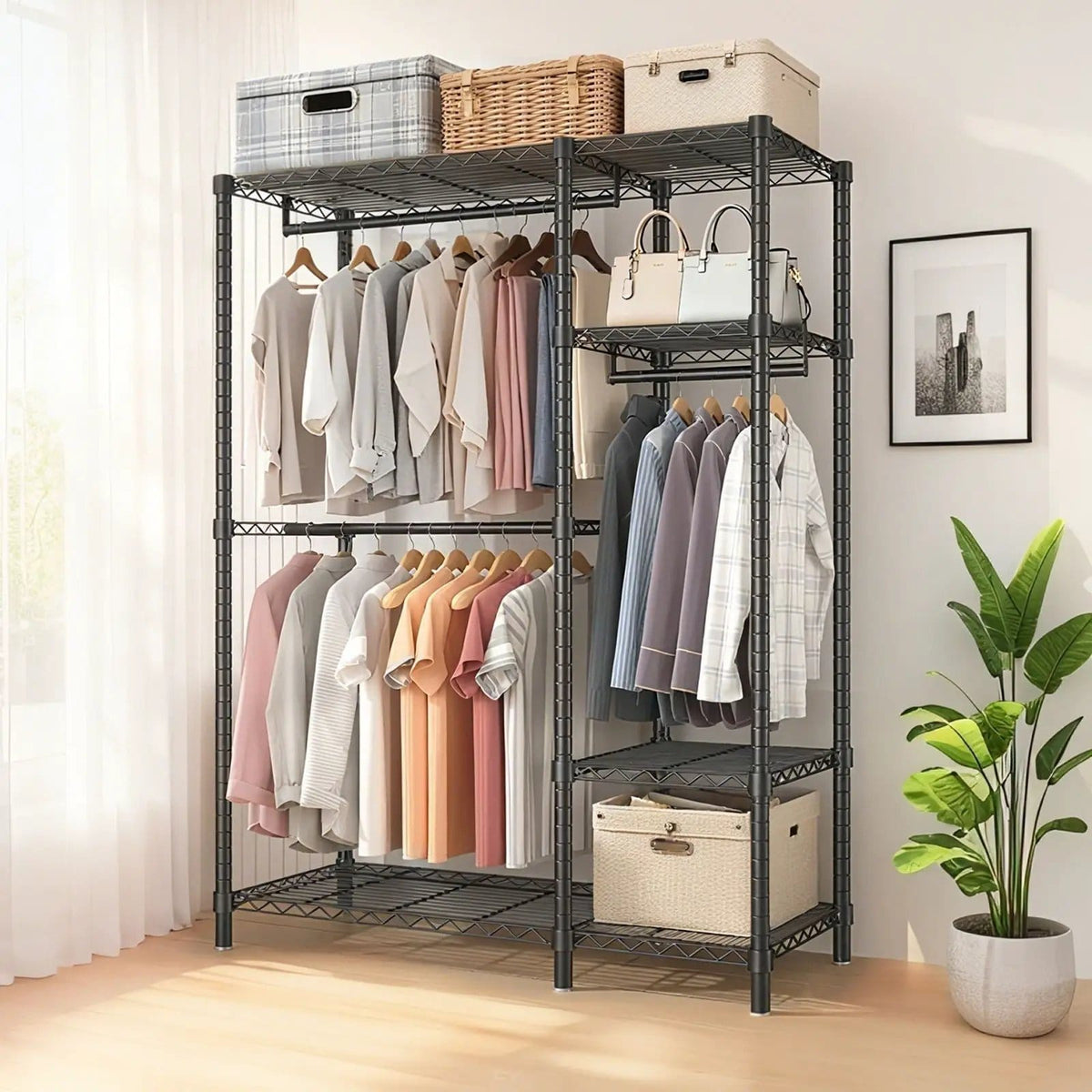 Freestanding Clothes Rack, With 6 Adjustable Wire Shelves And 3 Garment Rails | Freestanding Organizer | Steel | Black
