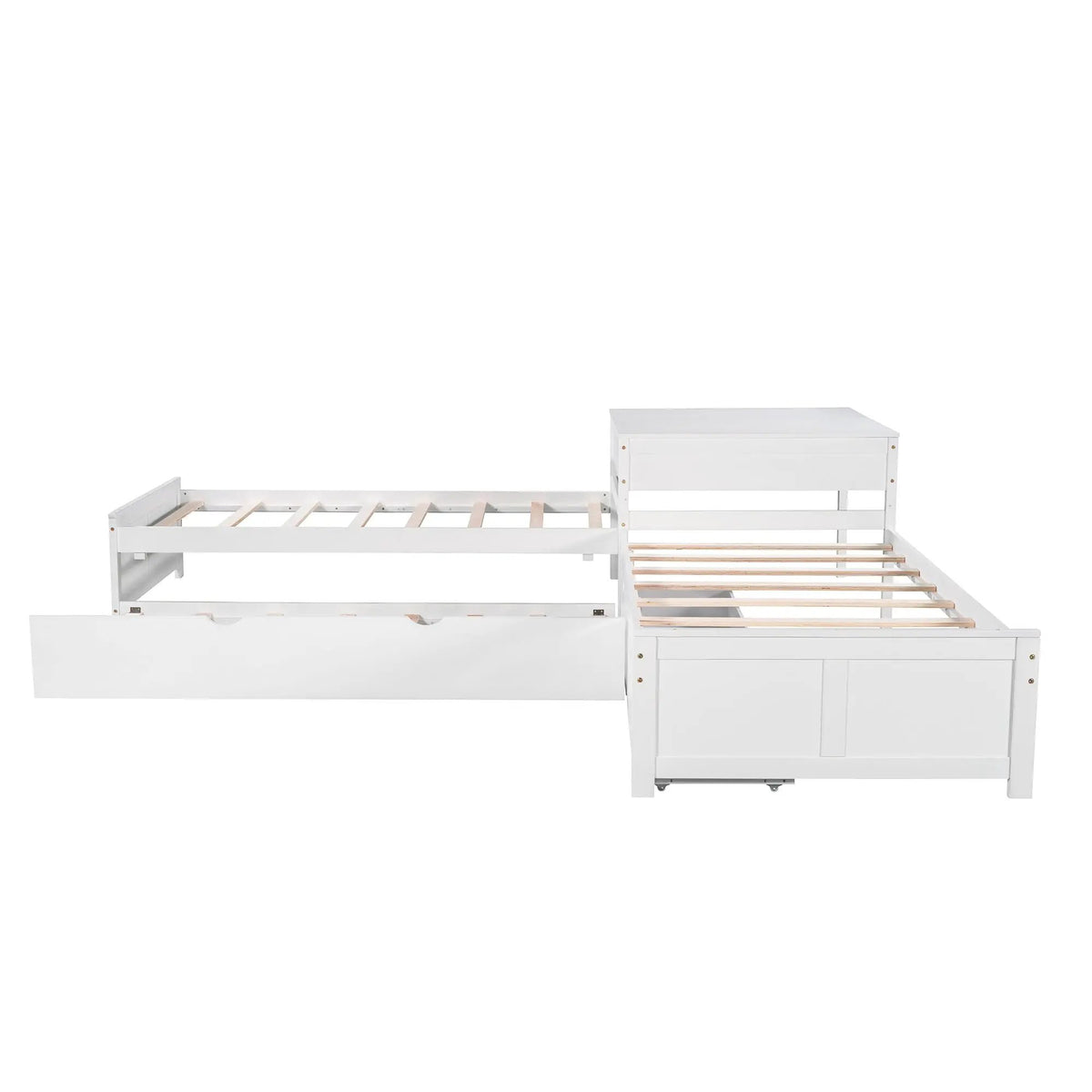 L Shaped Platform Bed | Built In Desk | Trundle With Drawers | Twin Size