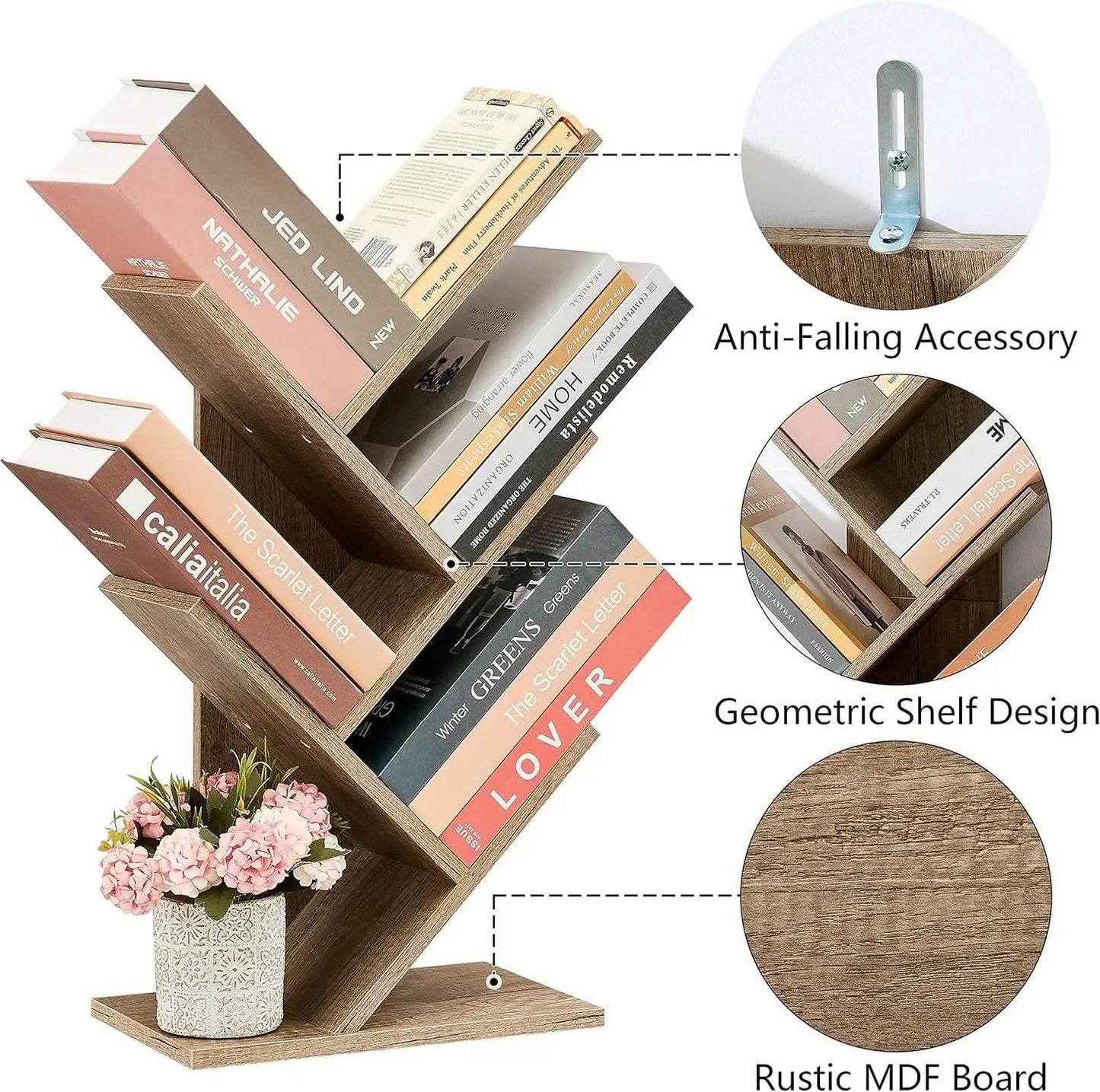 Greige 4 Tier Tree Bookshelf Modern Storage Bookcase from PriceLows™