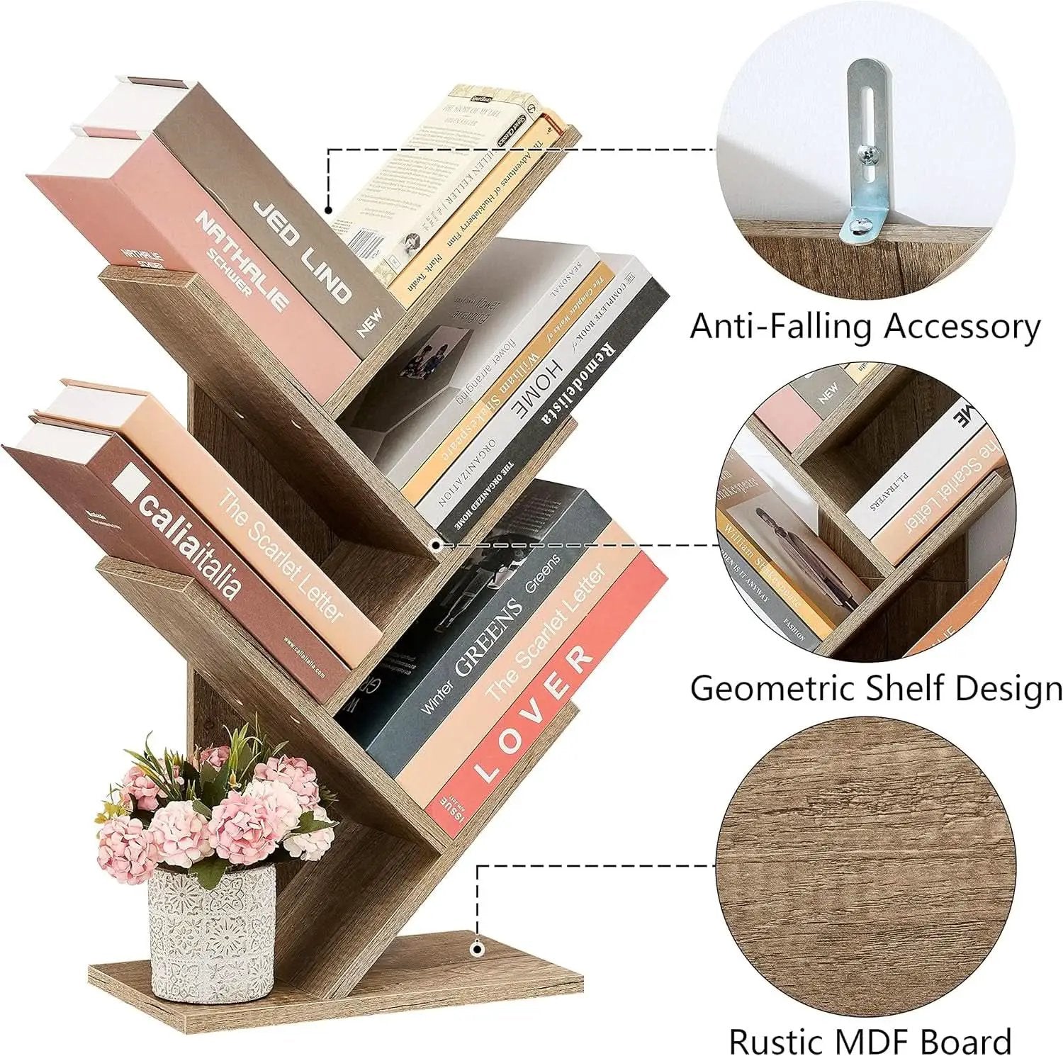 Greige 4 Tier Tree Bookshelf Modern Storage Bookcase from PriceLows™