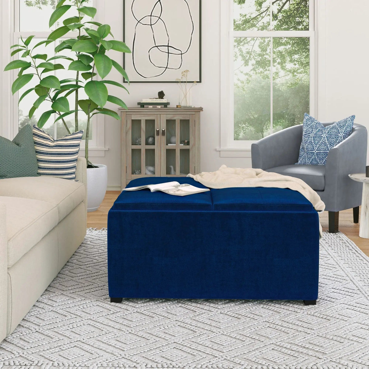 Avalon Square Storage Ottoman | Coffee Table Design | Four Flip Over Serving Trays | 35 Inch Width