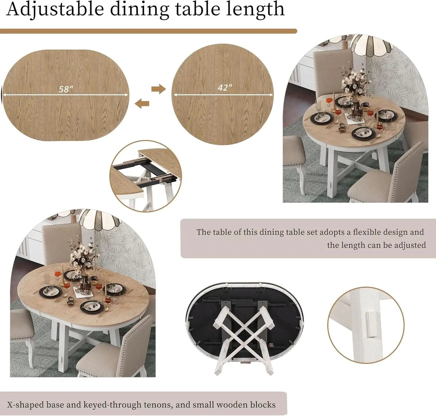 Farmhouse Round Extendable Dining Table Set Oak Finish with Upholstered Chairs from PriceLows™