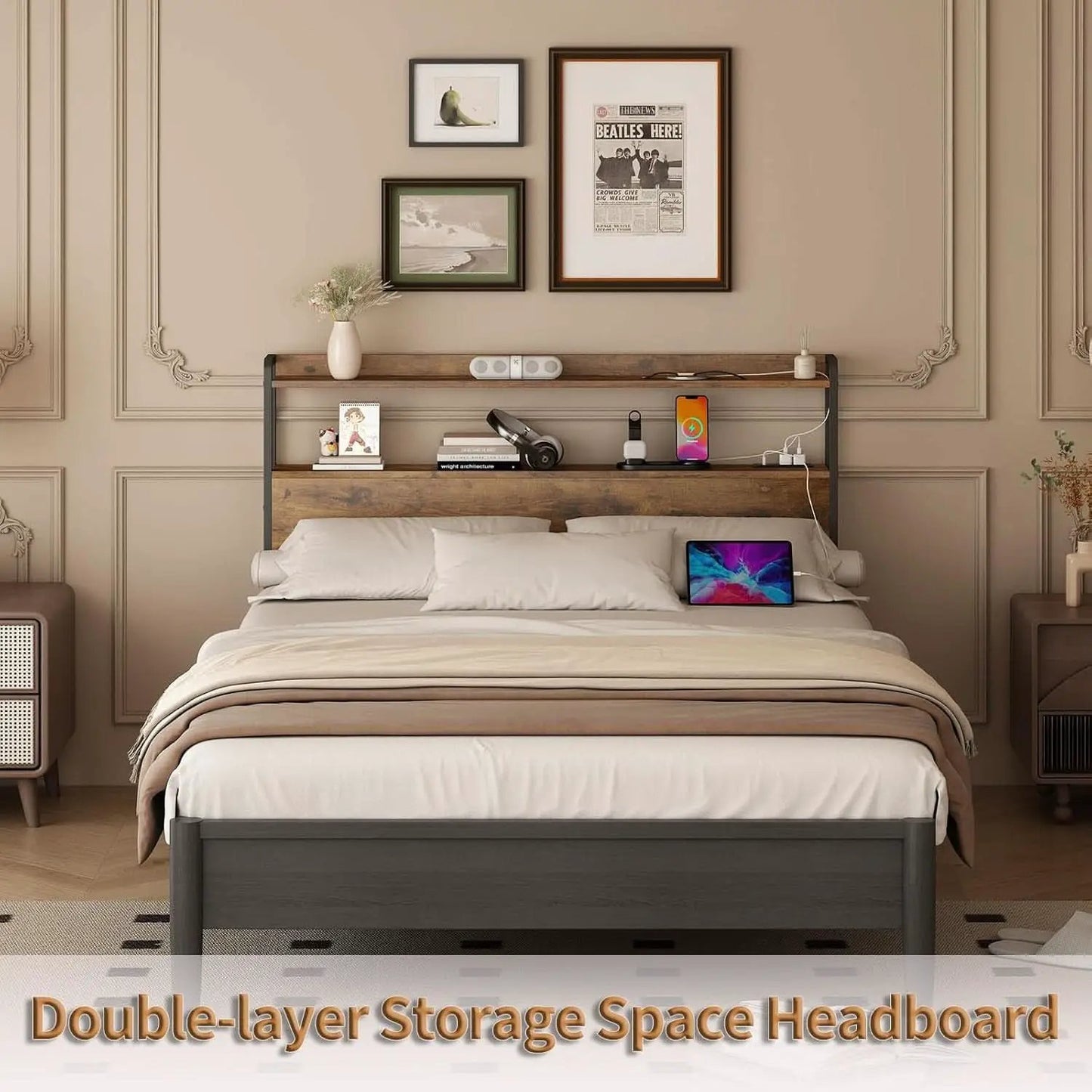 Adjustable Full Size Headboard with USB Ports and Storage from PriceLows™