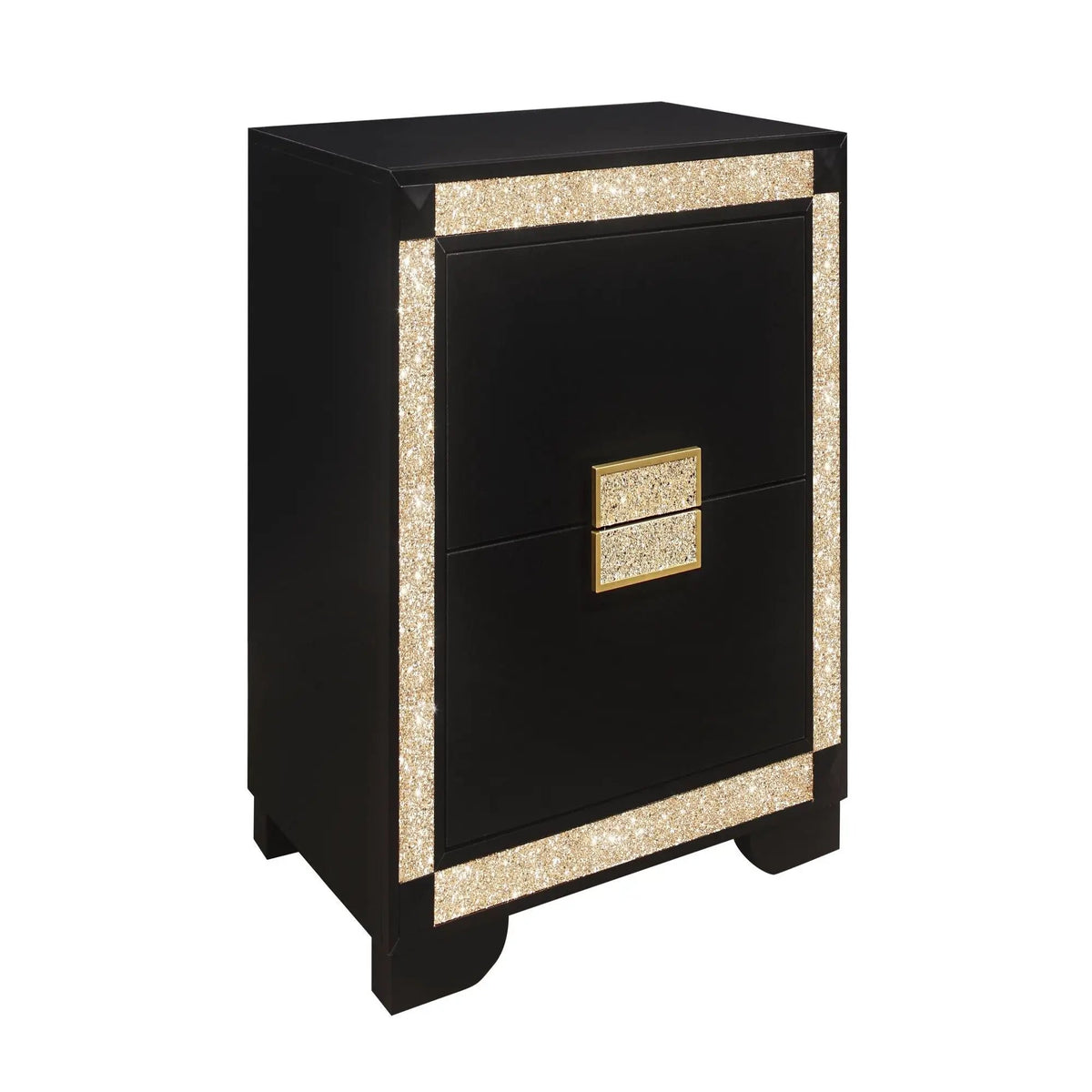 Lively Nightstand | Black Finish | Gold Glitter Detail | Thick Bar Handle Hardware