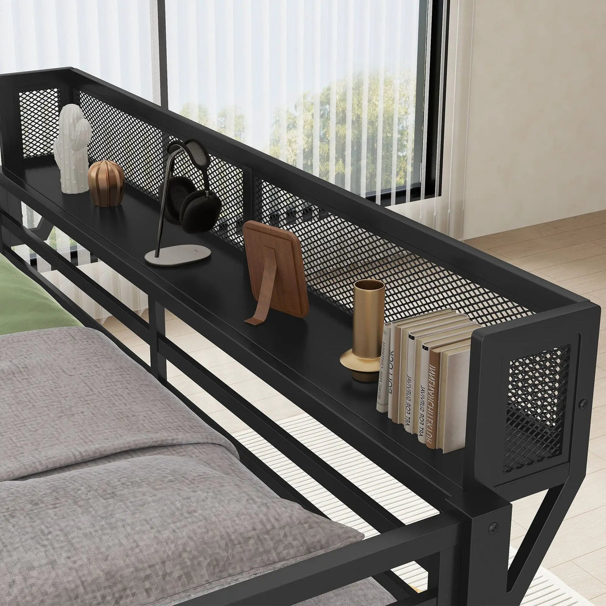 Queen Over Queen Bunk Bed | Durable Steel Frame | Storage Shelf | Black