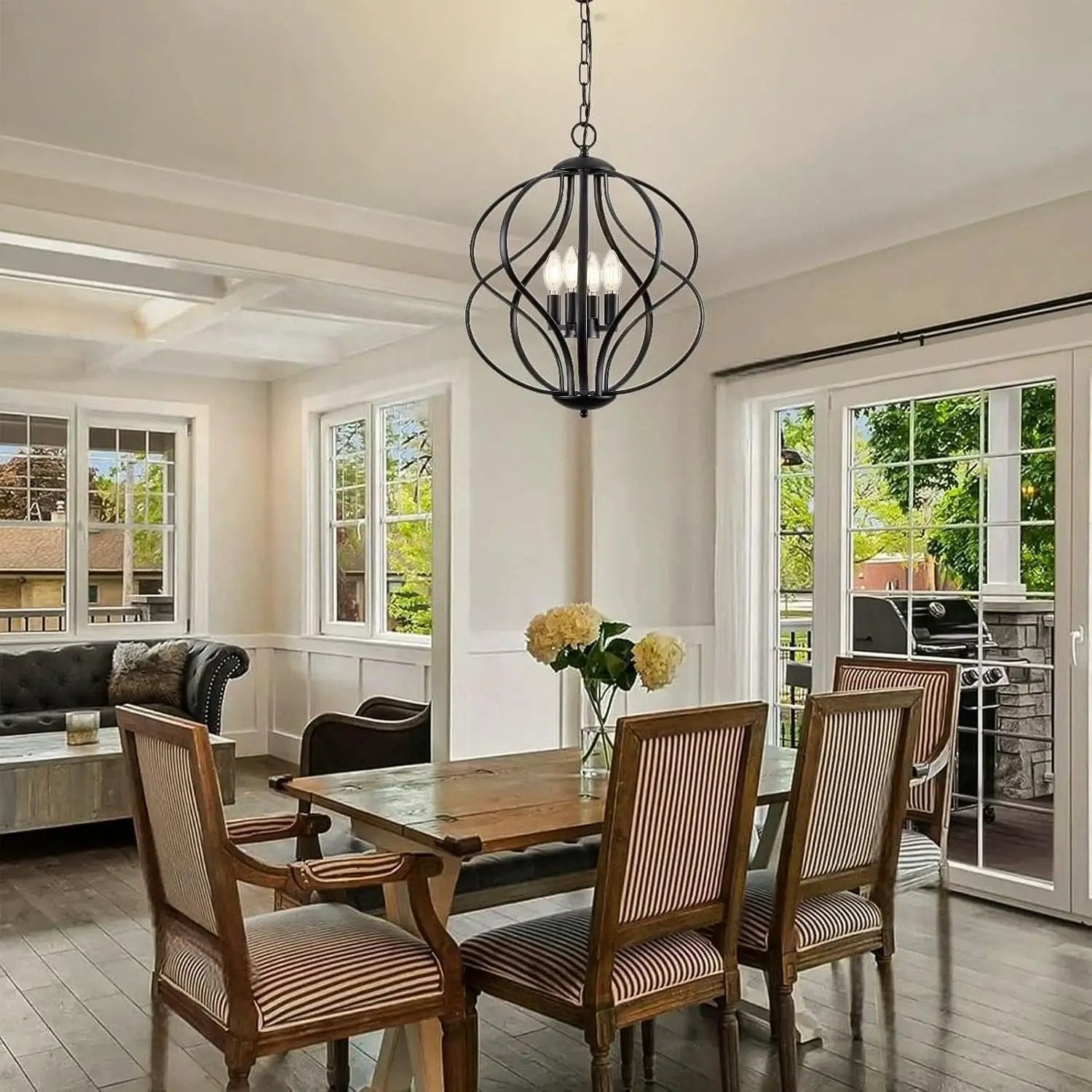 Black Four Light Geometric Pendant Chandelier Dining Room from PriceLows™