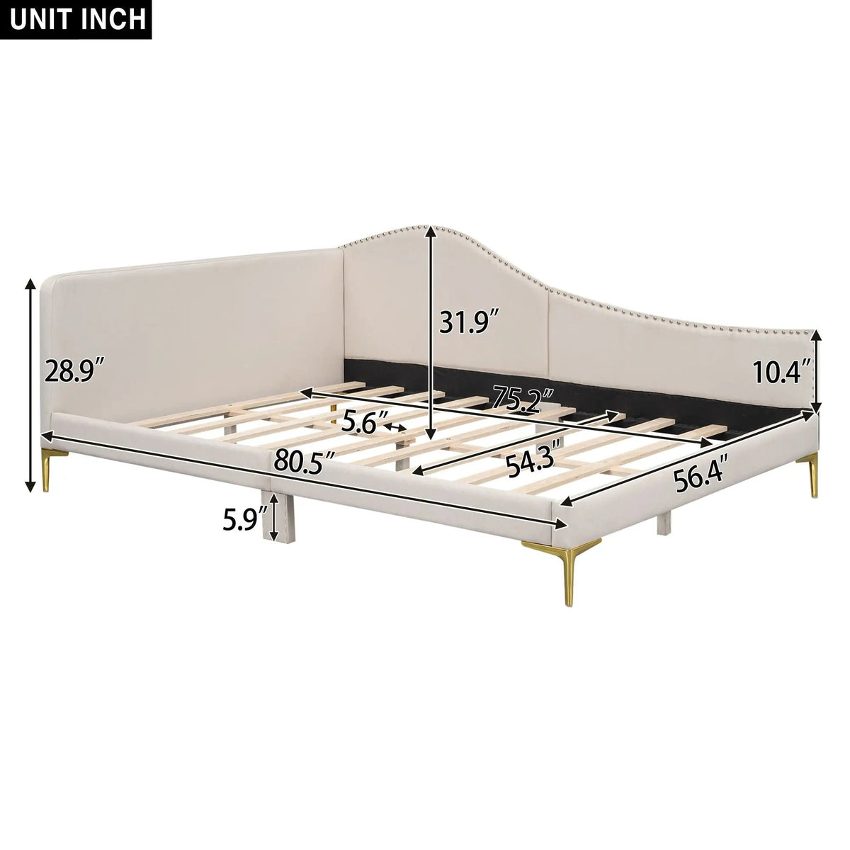 Upholstered Daybed | Headboard And Armrest | Support Legs | 80.5 Inch Length