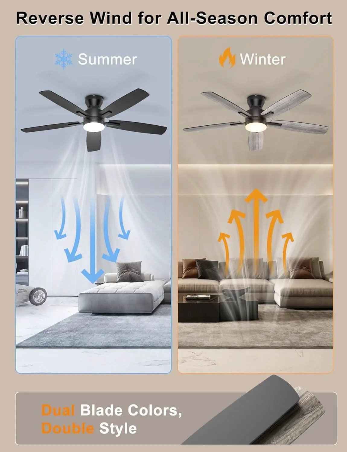 52 Inch Flush Mount Ceiling Fan With Remote App Control from PriceLows™