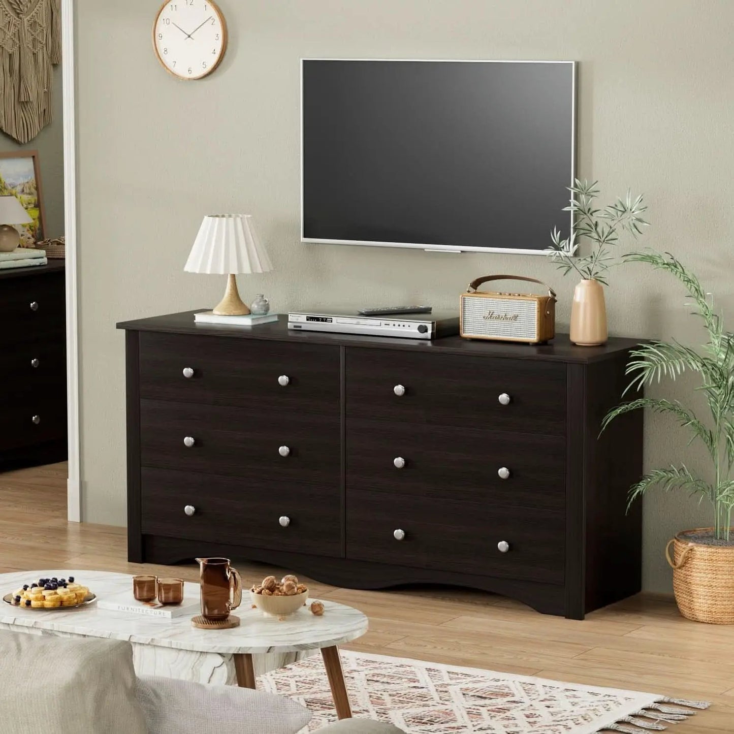 Brown Six Drawer Dresser And TV Stand Wide Wood Chest from PriceLows™
