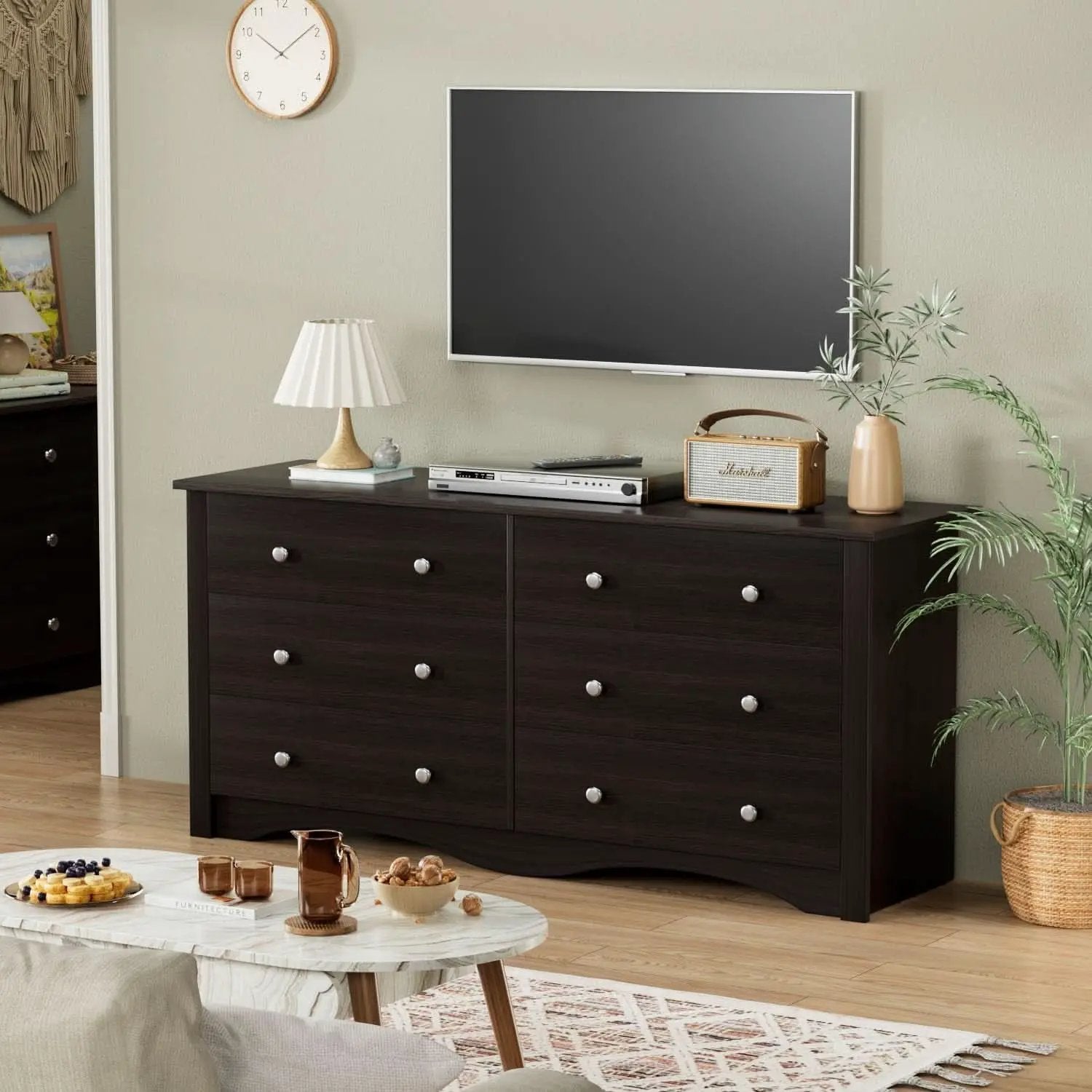 Brown Six Drawer Dresser And TV Stand Wide Wood Chest from PriceLows™