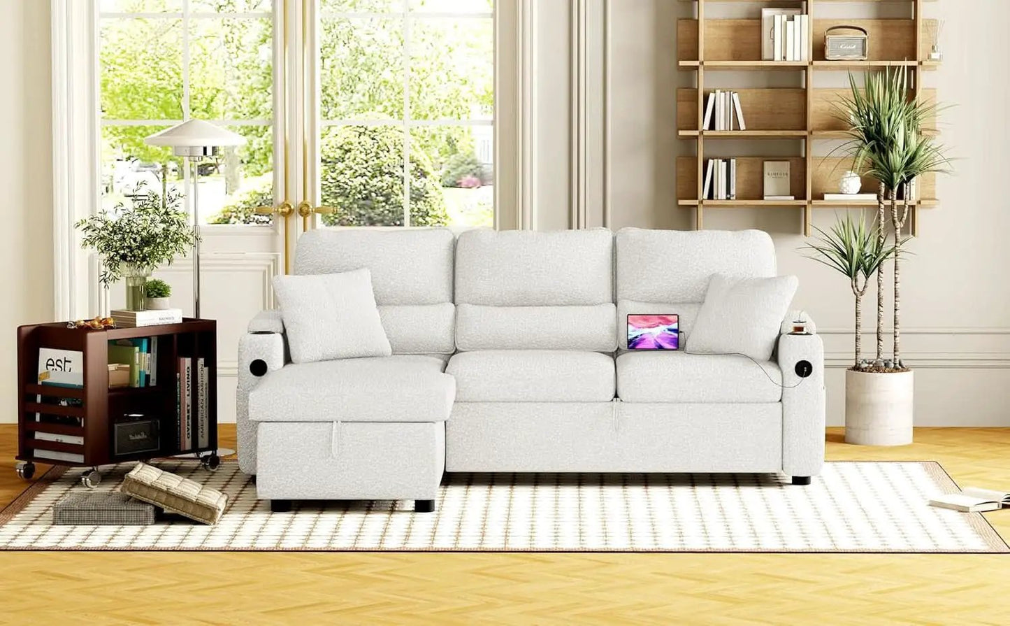 Pull Out Convertible Sofa Bed With Hidden Storage Teddy White from PriceLows™