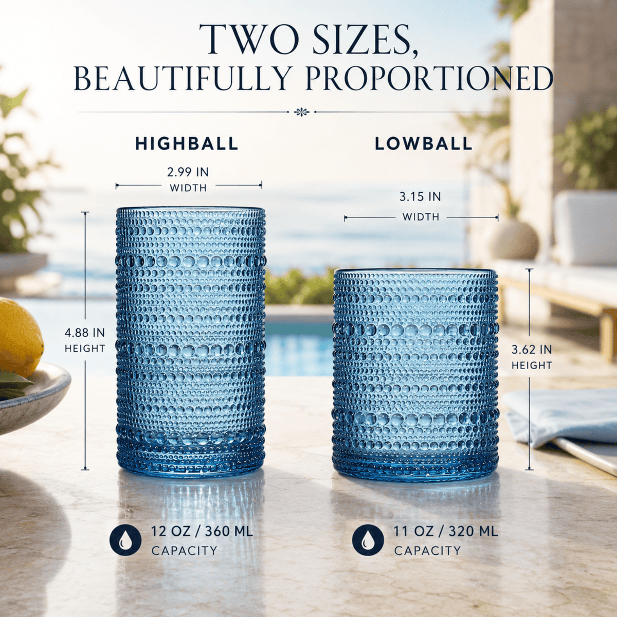 Textured Hobnail Lowball & Highball Glassware | 11 oz | Set of 12 | Highball & Lowball