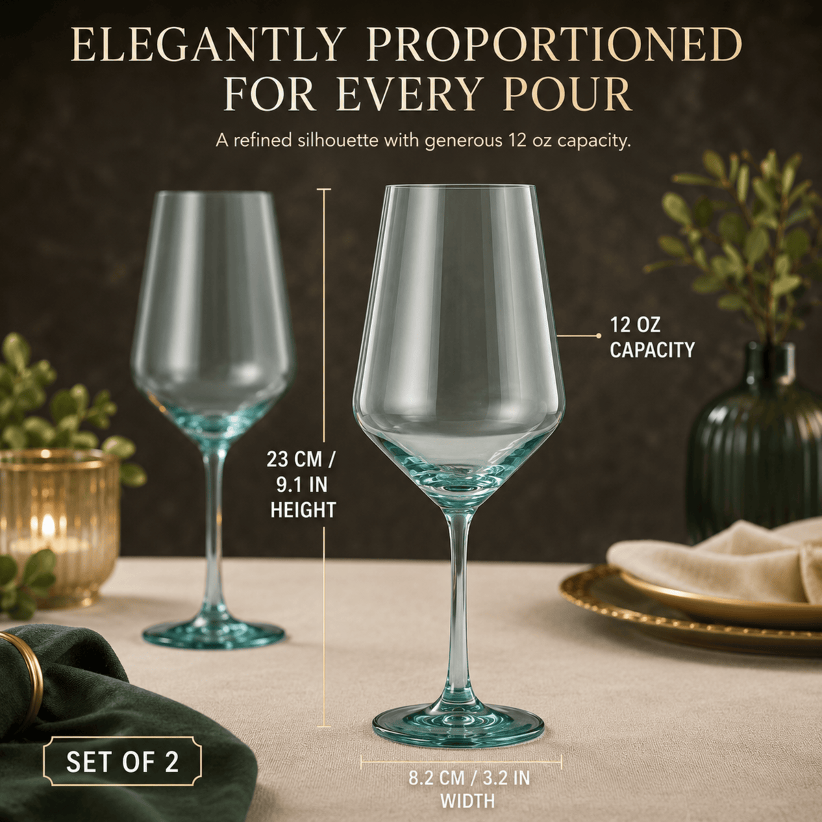 Tonal Stemmed Wine Glassware, Forest Green (Style 2) | 12 oz | Set of 2 | Entertaining