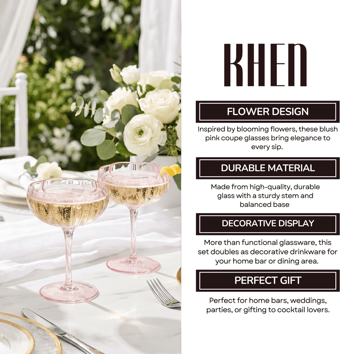 Flower Coupe Cocktail Colored Glasses Blush Pink | Set of 2 | Glass | Cocktail Glass
