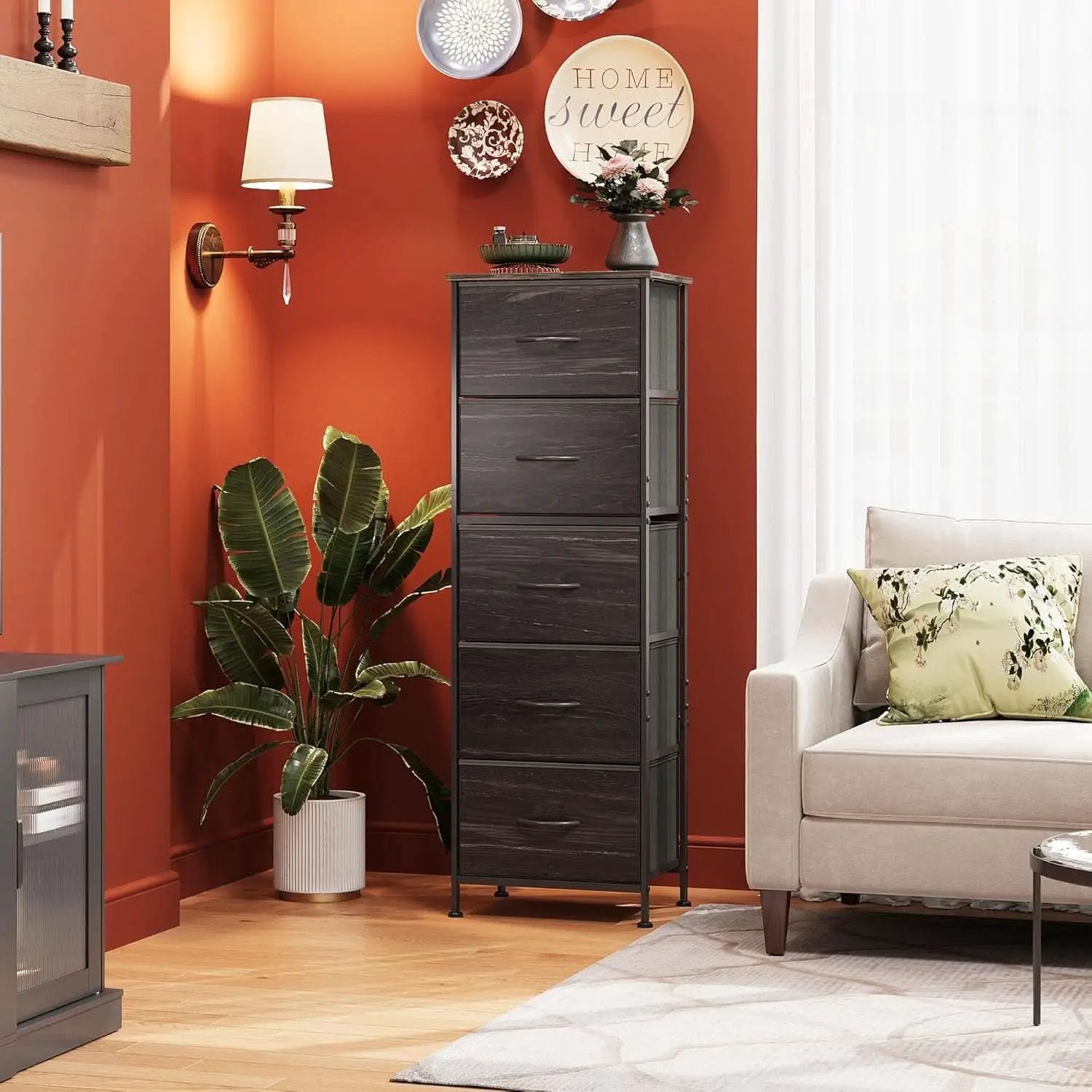 Fabric Dresser 5 Drawer Tall With Wood Top Storage Unit from PriceLows™