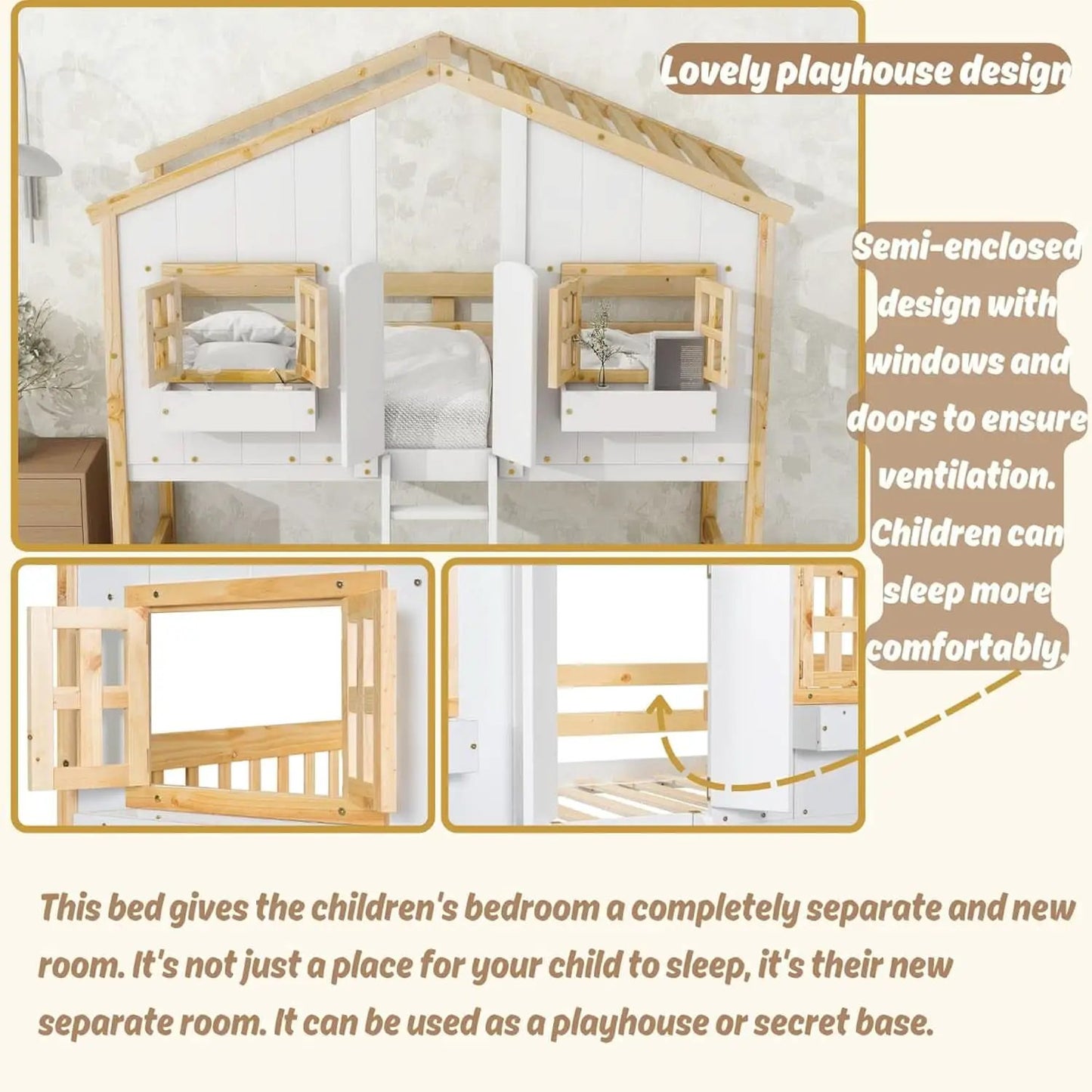 Natural Wood Twin Over Twin House Bunk Bed With Roof from PriceLows™