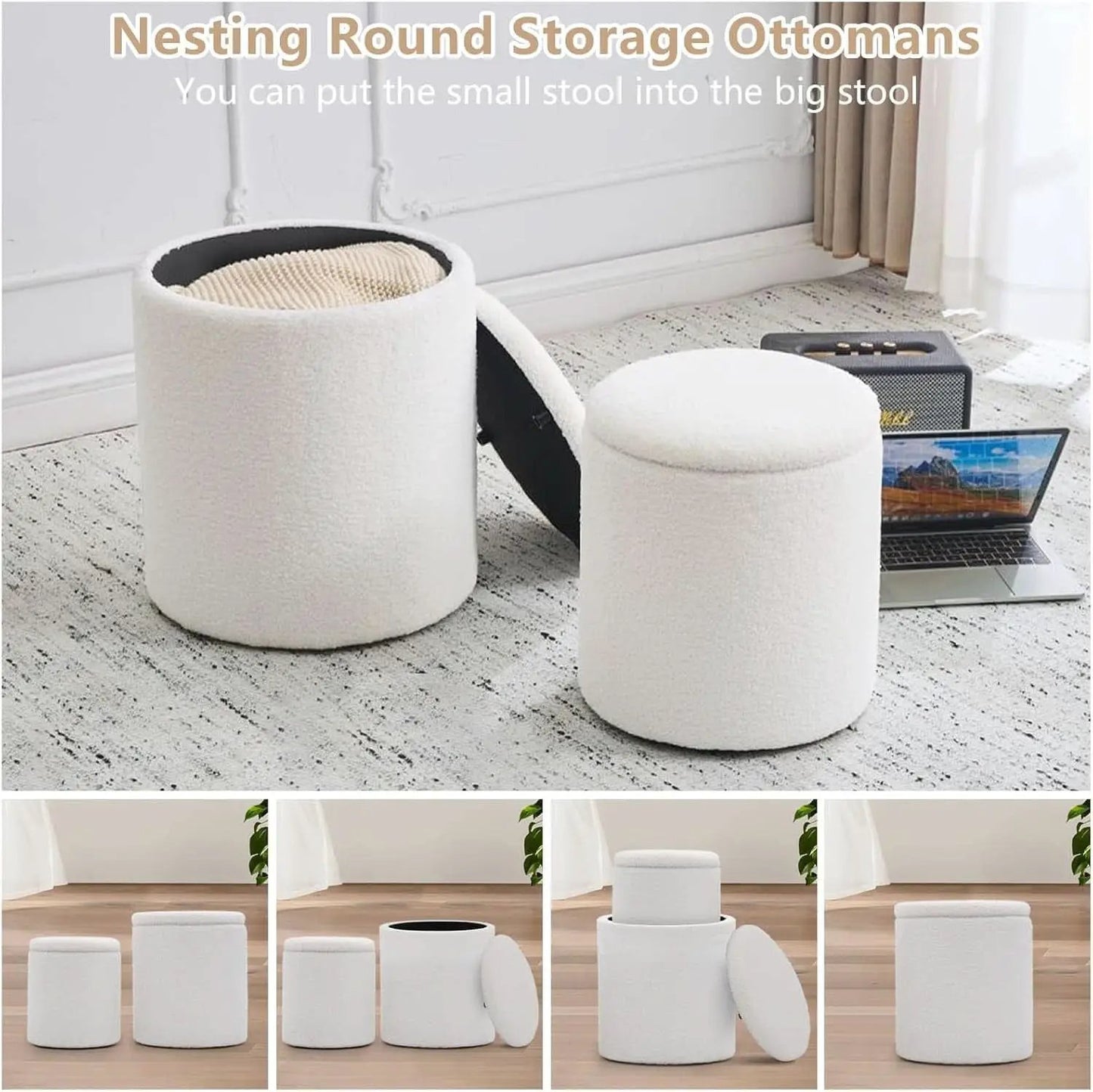 White Round Boucle Velvet Upholstered Storage Ottoman from PriceLows™