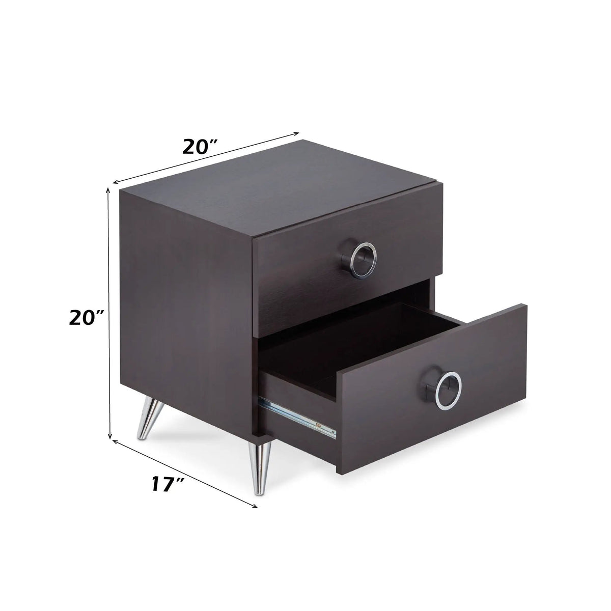 Elms Accent Table Nightstand | Espresso Finish | Two Storage Drawers | Silver Ring Handles