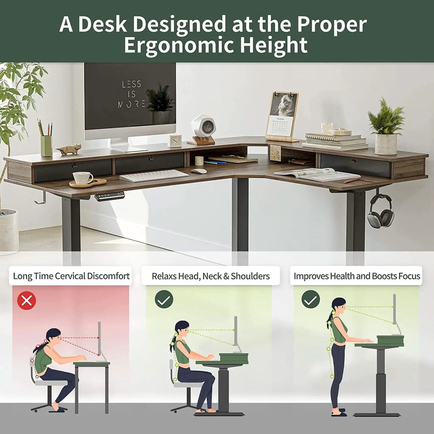 63 Inch L Shaped Electric Standing Desk With Drawers from PriceLows™