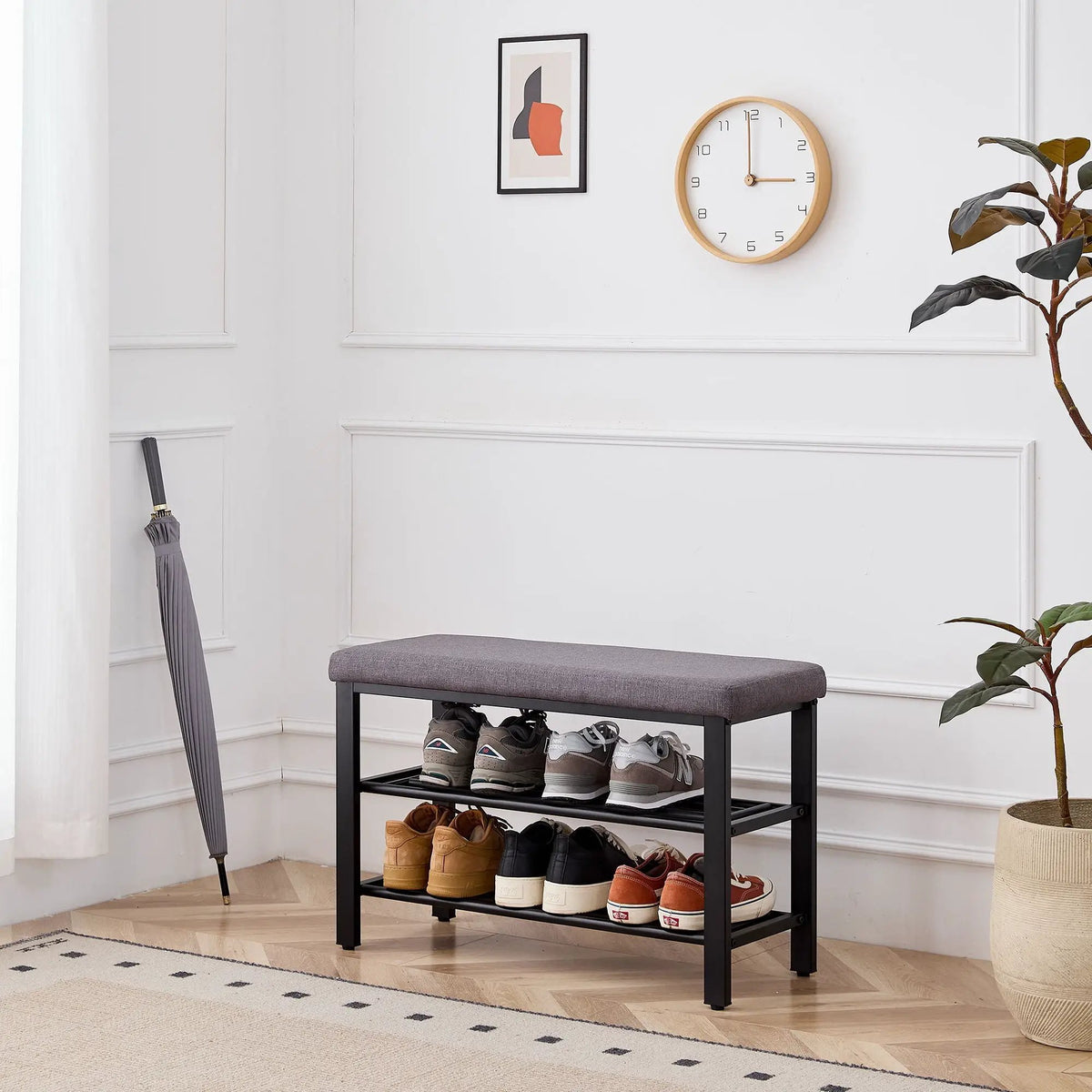 Entryway Shoe Bench | Cushioned Storage Seat | Durable Metal Frame | Hidden Storage Shelf