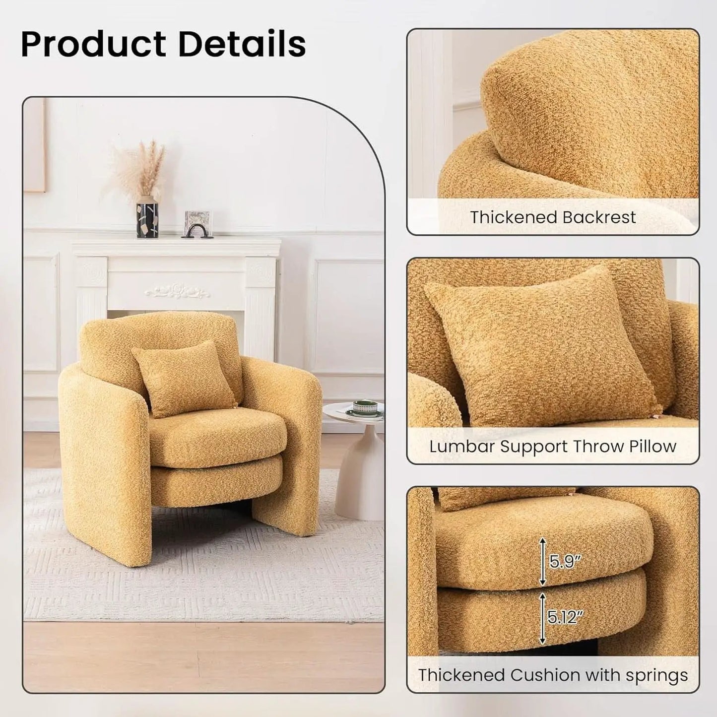 Oversized Accent Chair Yellow Chenille Armchair Living from PriceLows™