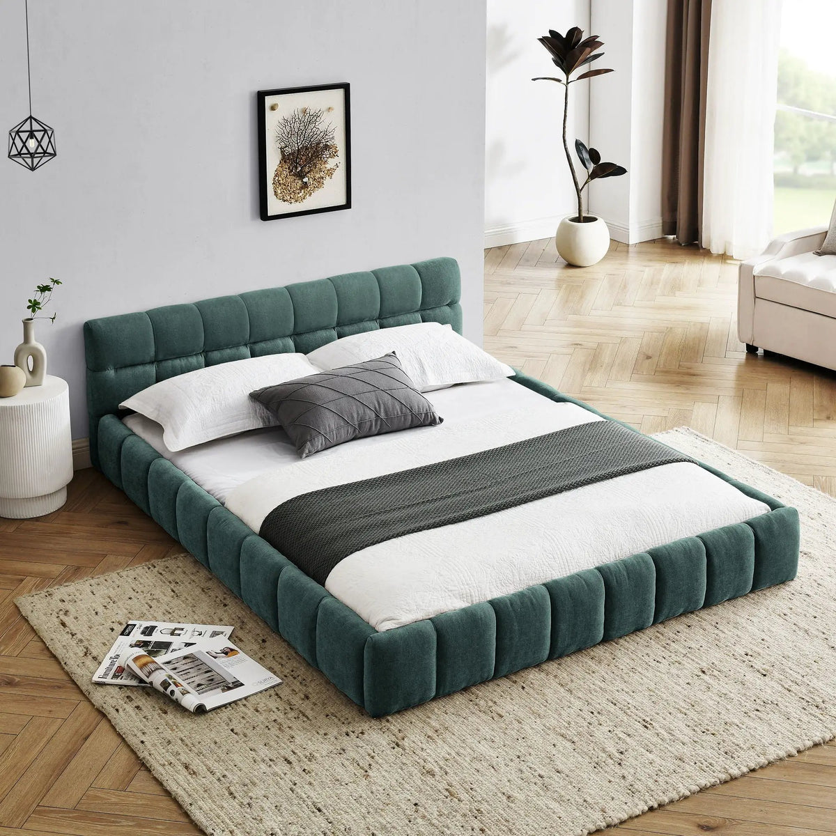 Modern Platform Storage Bed Frame | Thick Fabric Upholstery | Soft Headboard | Solid Construction