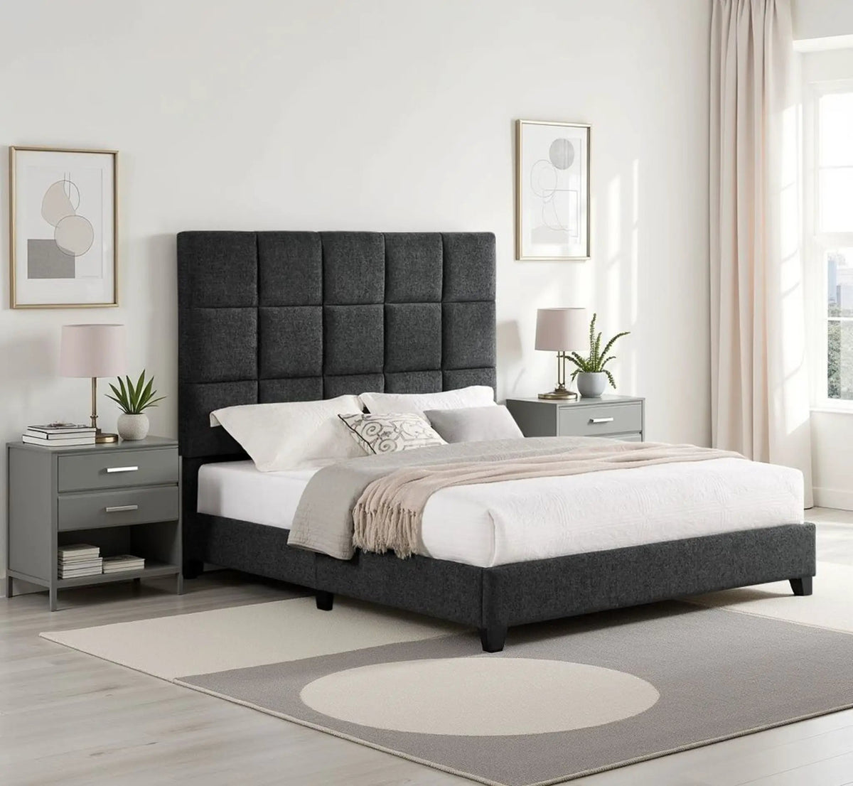 Squares Upholstered Headboard Platform Bed | Laminated Veneer Lumber | CNC-Cut Plywood Frame | 60 Inch Height