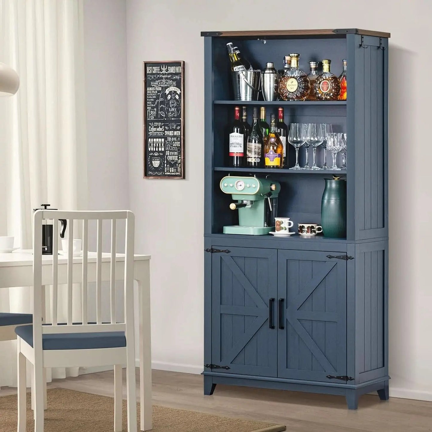 Blue 70 Inch Tall Farmhouse Bookcase Adjustable Shelves from PriceLows™