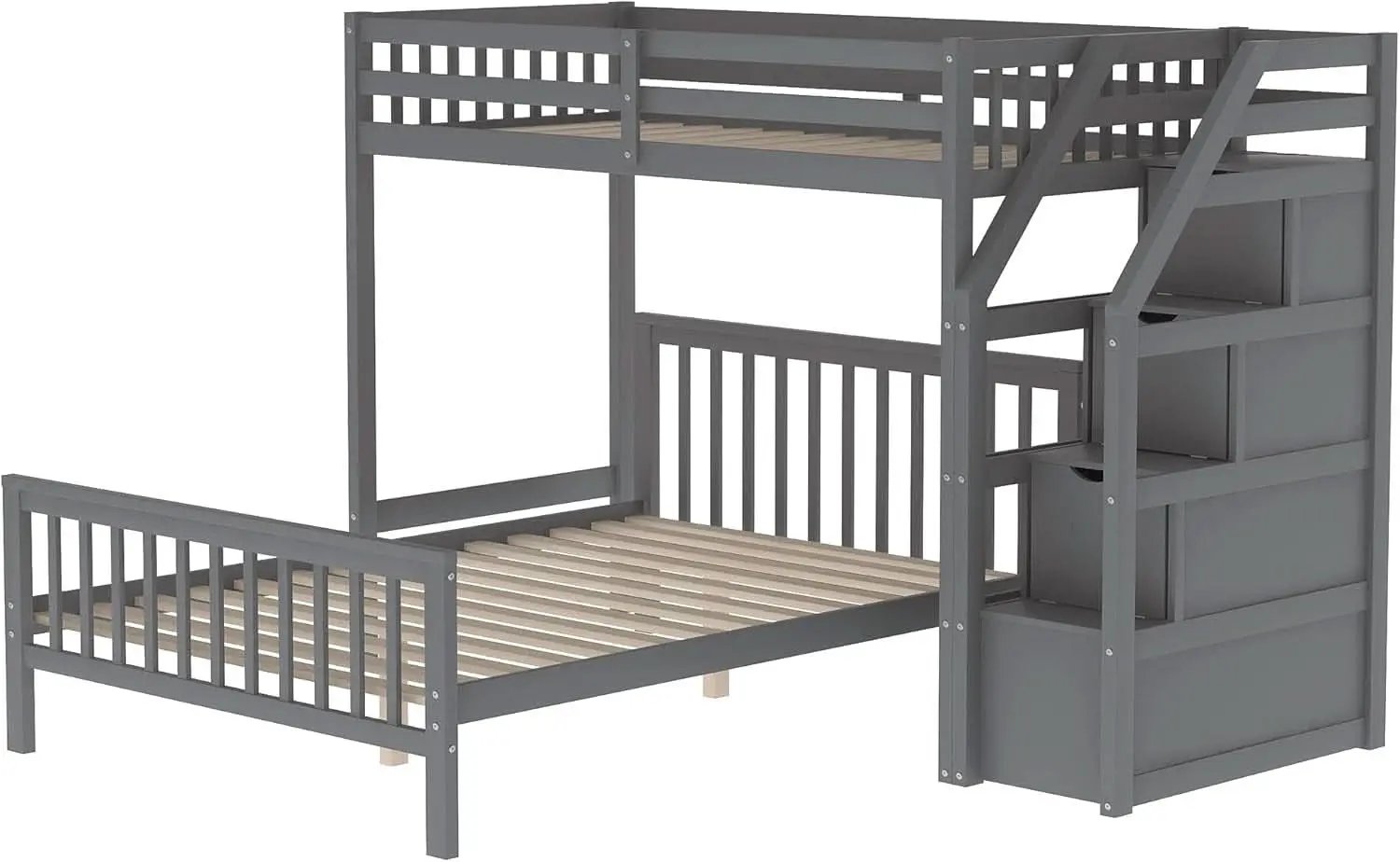 Gray Twin Over Full Bunk Bed With Storage Stairs Solid Wood from PriceLows™