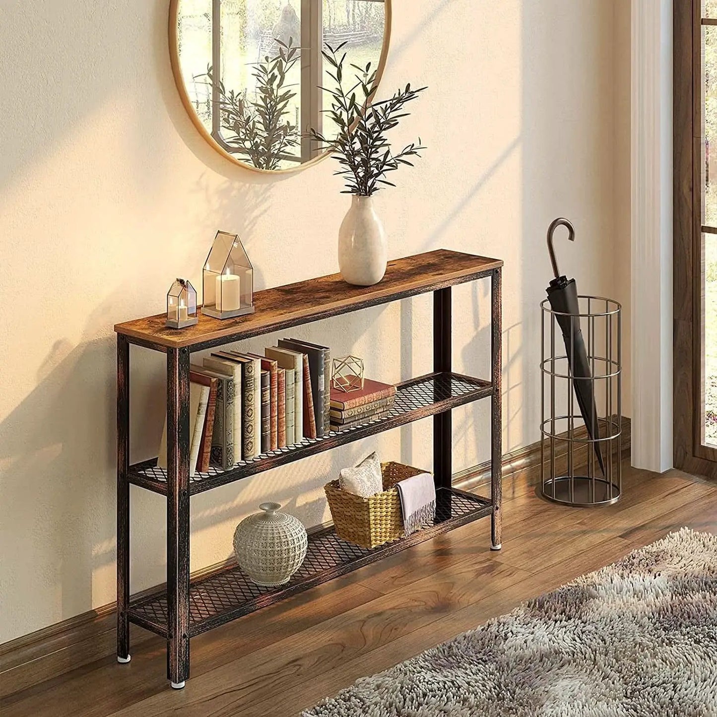 Rustic Console Table 47.25 Inch Long With Mesh Shelves from PriceLows™