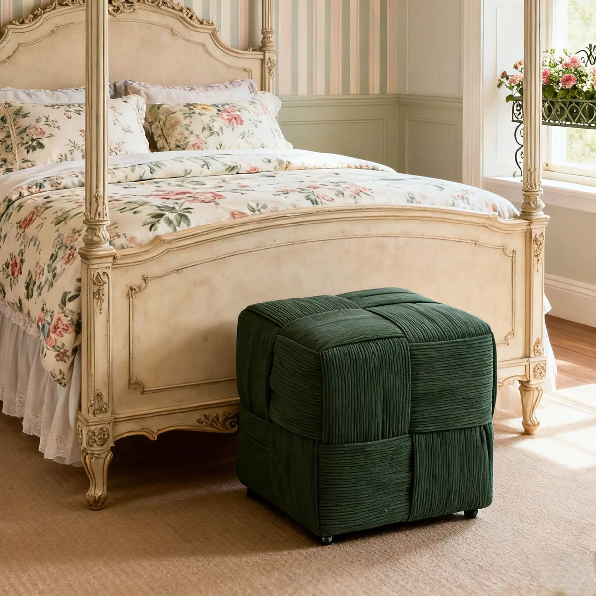 Modern Ottoman Foot Rest | Woven Design | Engineered Wood Frame | 14.2 Inch Cube