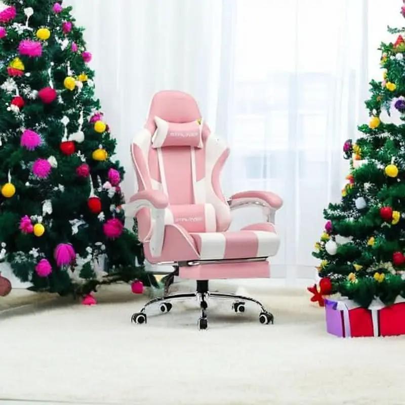 Pink Gaming Chair With Footrest And Lumbar Support Height Adjustable from PriceLows™