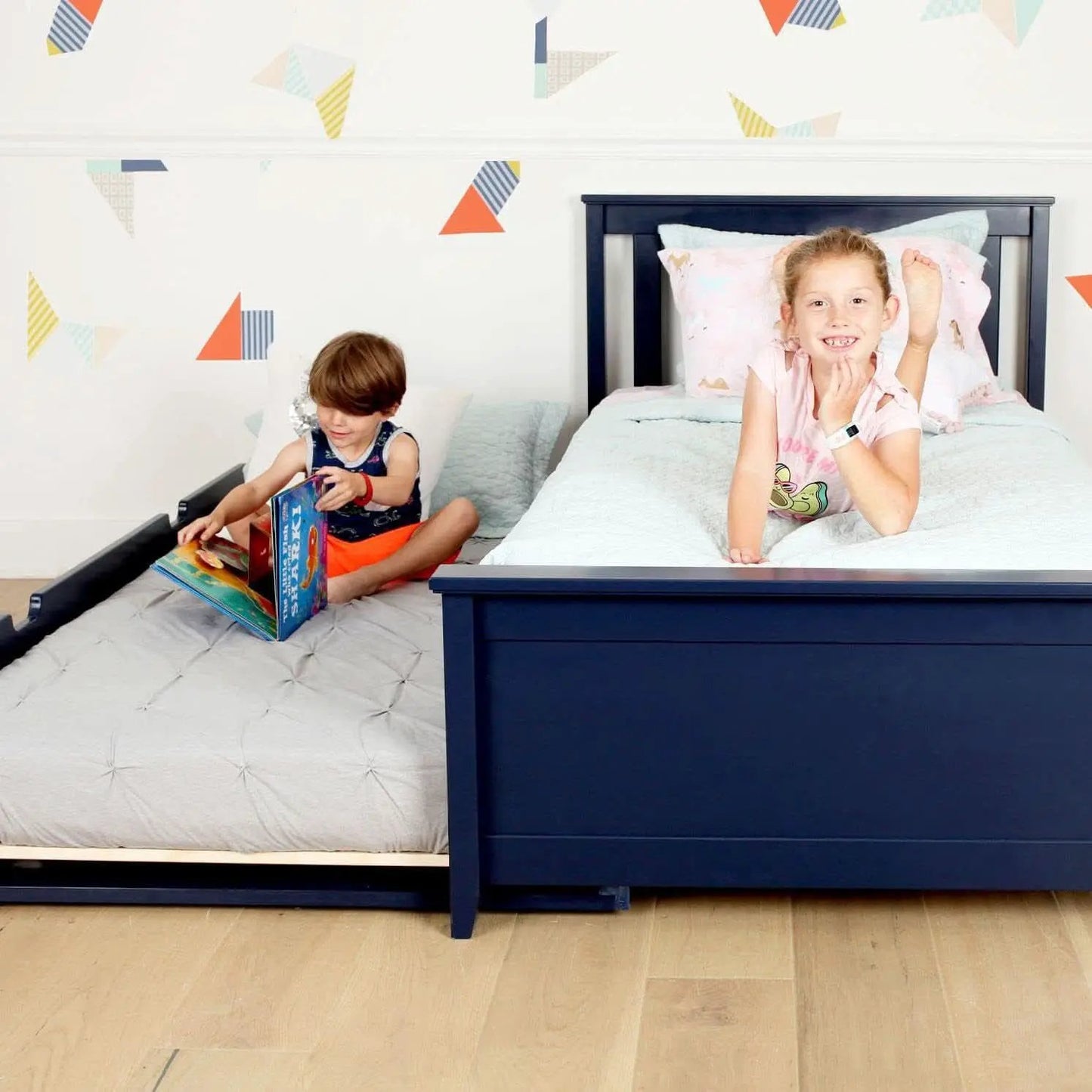 Blue Twin Bed Frame With Trundle Slatted Headboard from PriceLows™