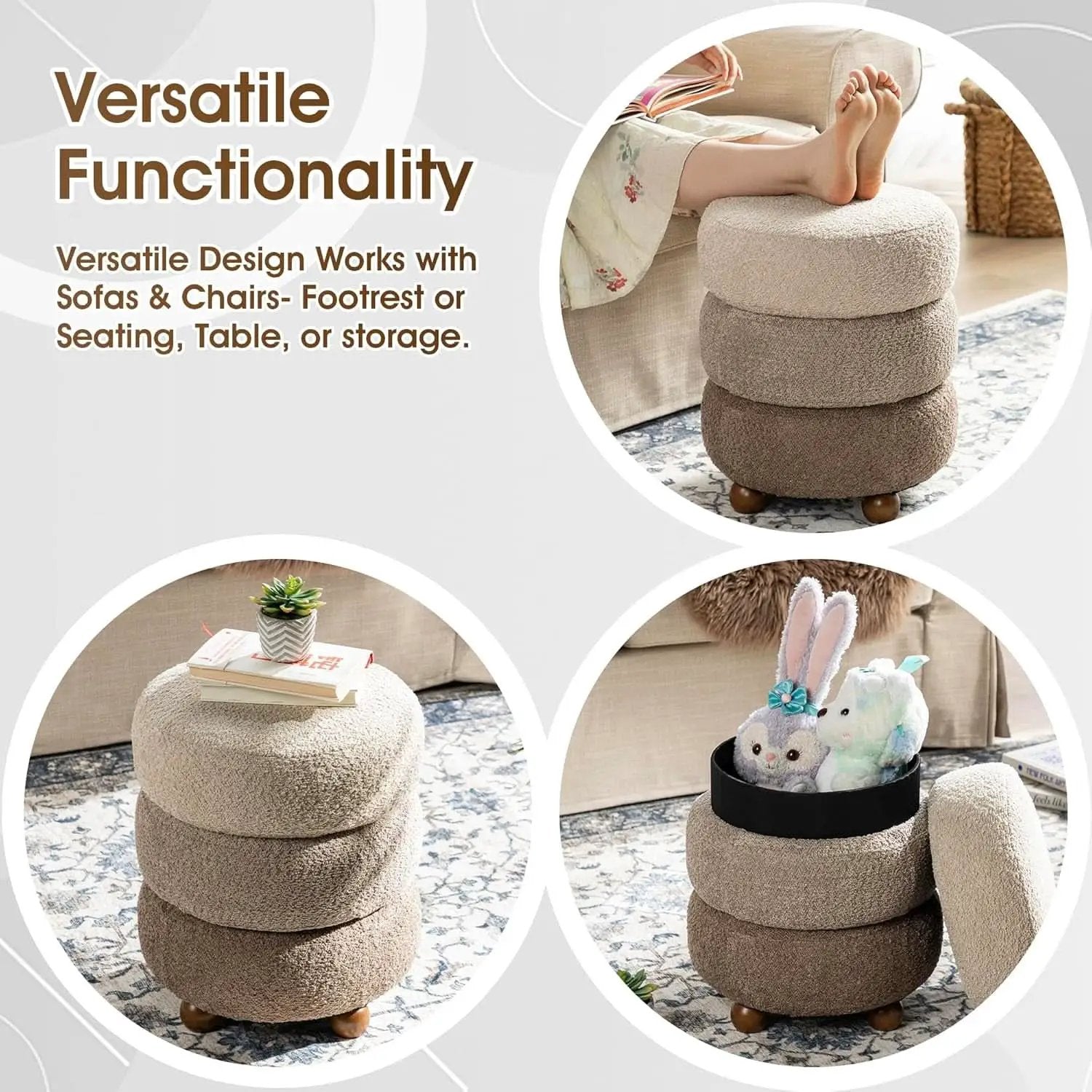 Round Upholstered Ottoman With Storage Gradient Brown from PriceLows™