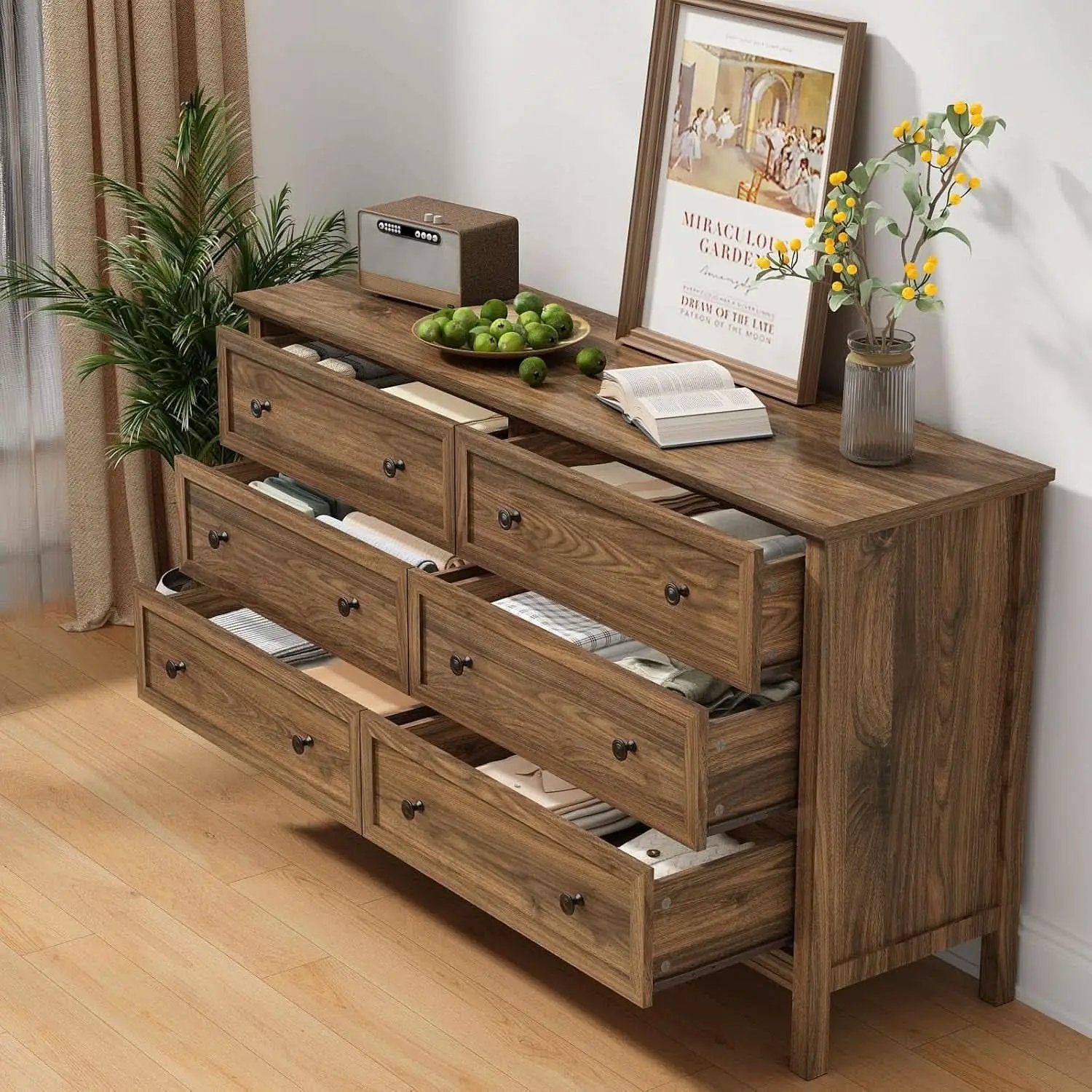 55 Inch Walnut Dresser With Six Drawers For Bedroom from PriceLows™