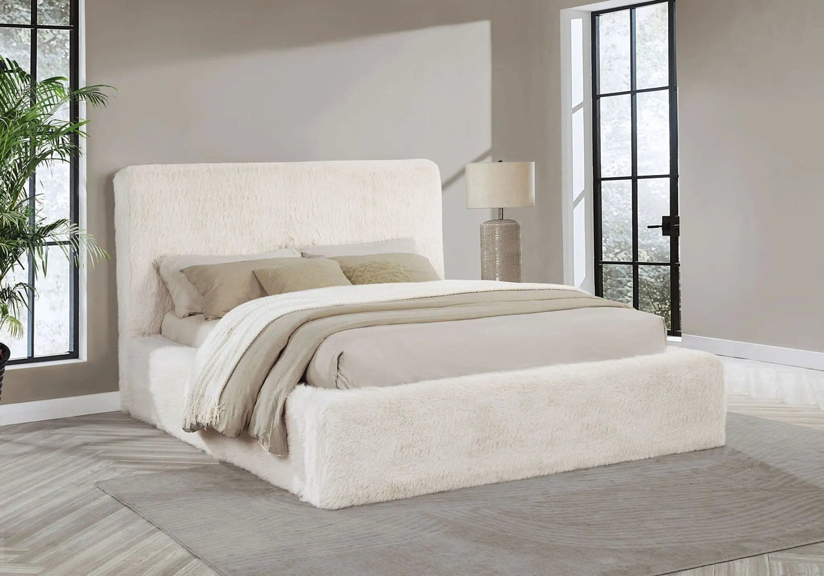 Rebecca Faux Fur Upholstered Queen Bed | 73.25 x 93.75 x 48.5 in | Engineered Wood & Plywood | Cream