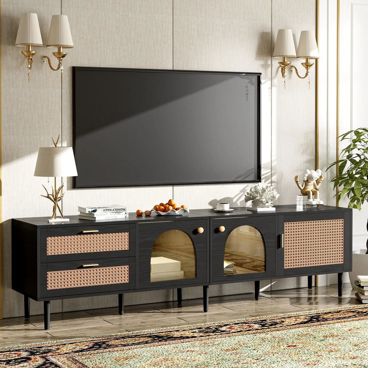 TV Stand | App Controlled LED Lights | Rattan Door Storage | Large TV