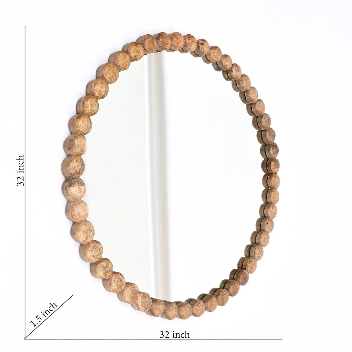 Decorative Round Hanging Wall Mirror With Bead Design Frame - | 32 x 1.5 x 32 in | Mango Wood | Natural