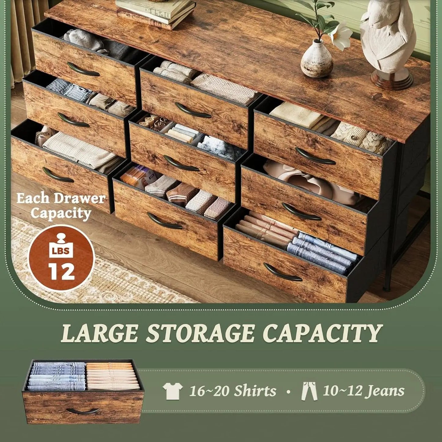 Rustic Brown 9 Drawer Dresser And TV Stand 47 Inch Wide from PriceLows™