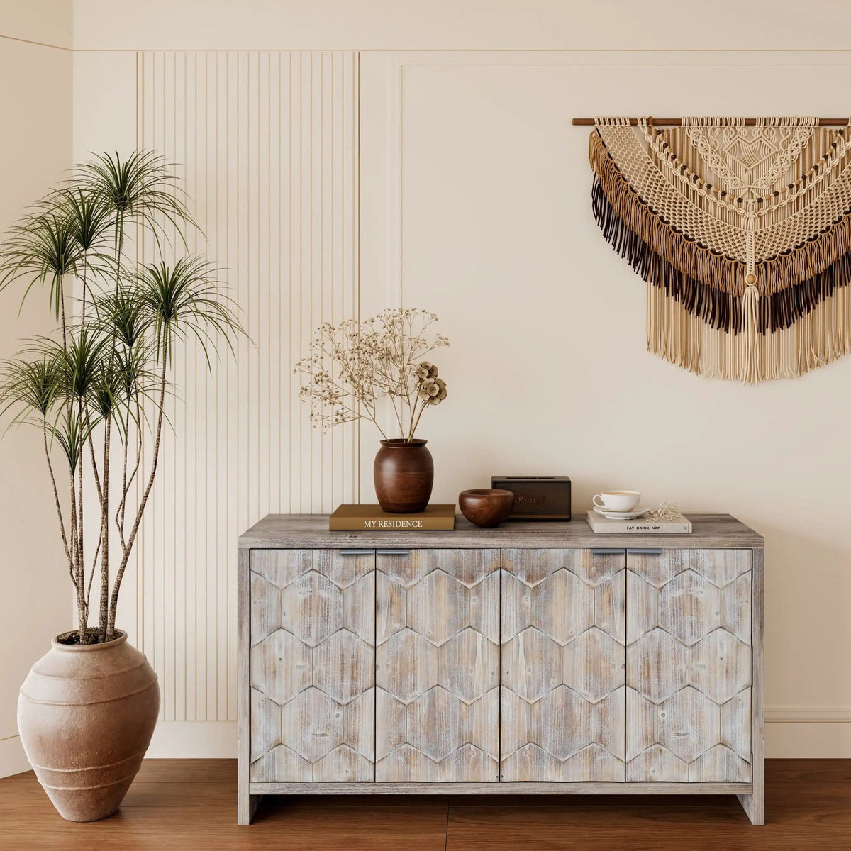 Accent Cabinet Farmhouse Style 4 Door Wooden Cabinet Sideboard Buffet Server Cabinet | 59.84 x 15.7 x 31.49 in | Metal & Wood | Dining Room