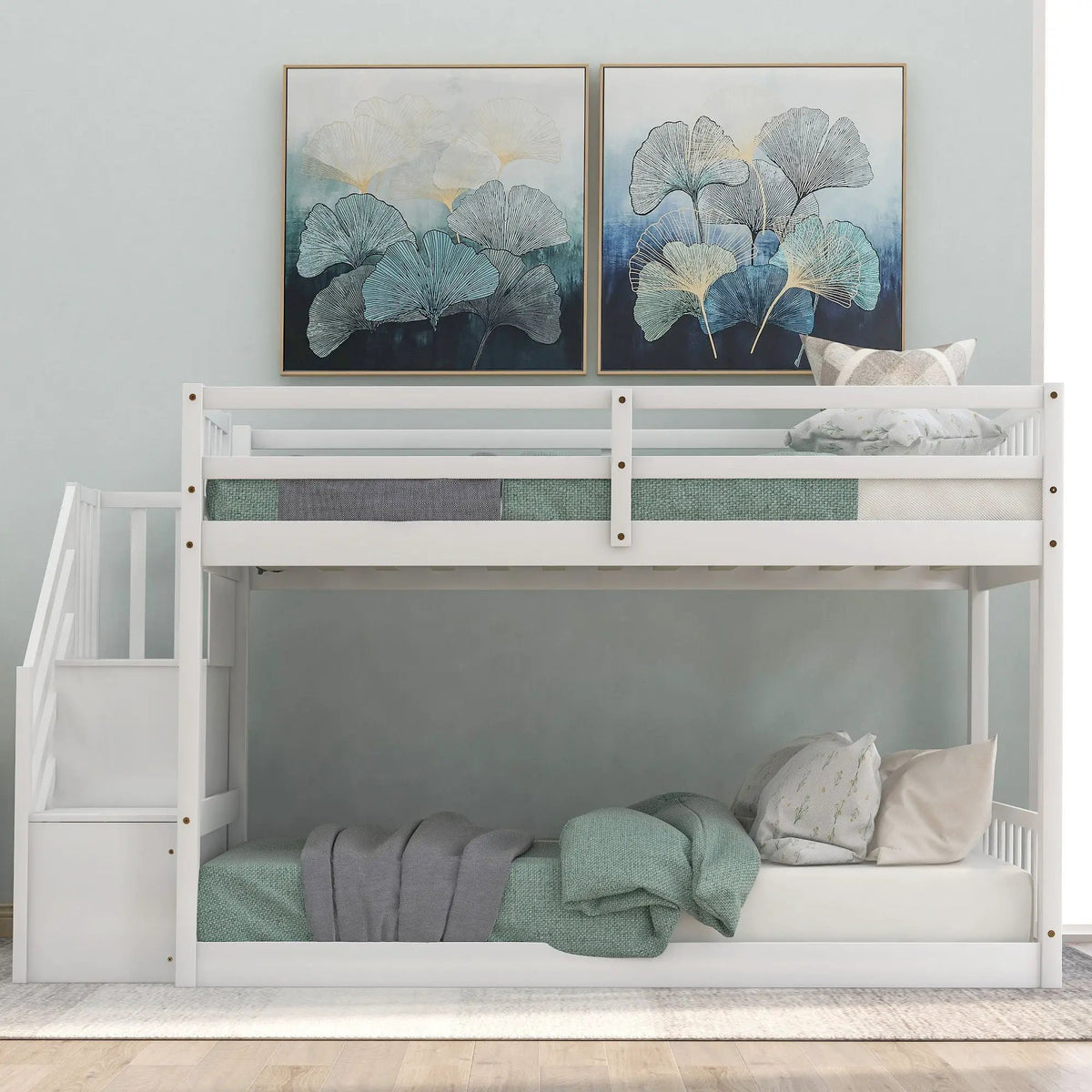 Floor Bunk Bed | Dual Guardrails | Ladder Storage | Twin Over Twin