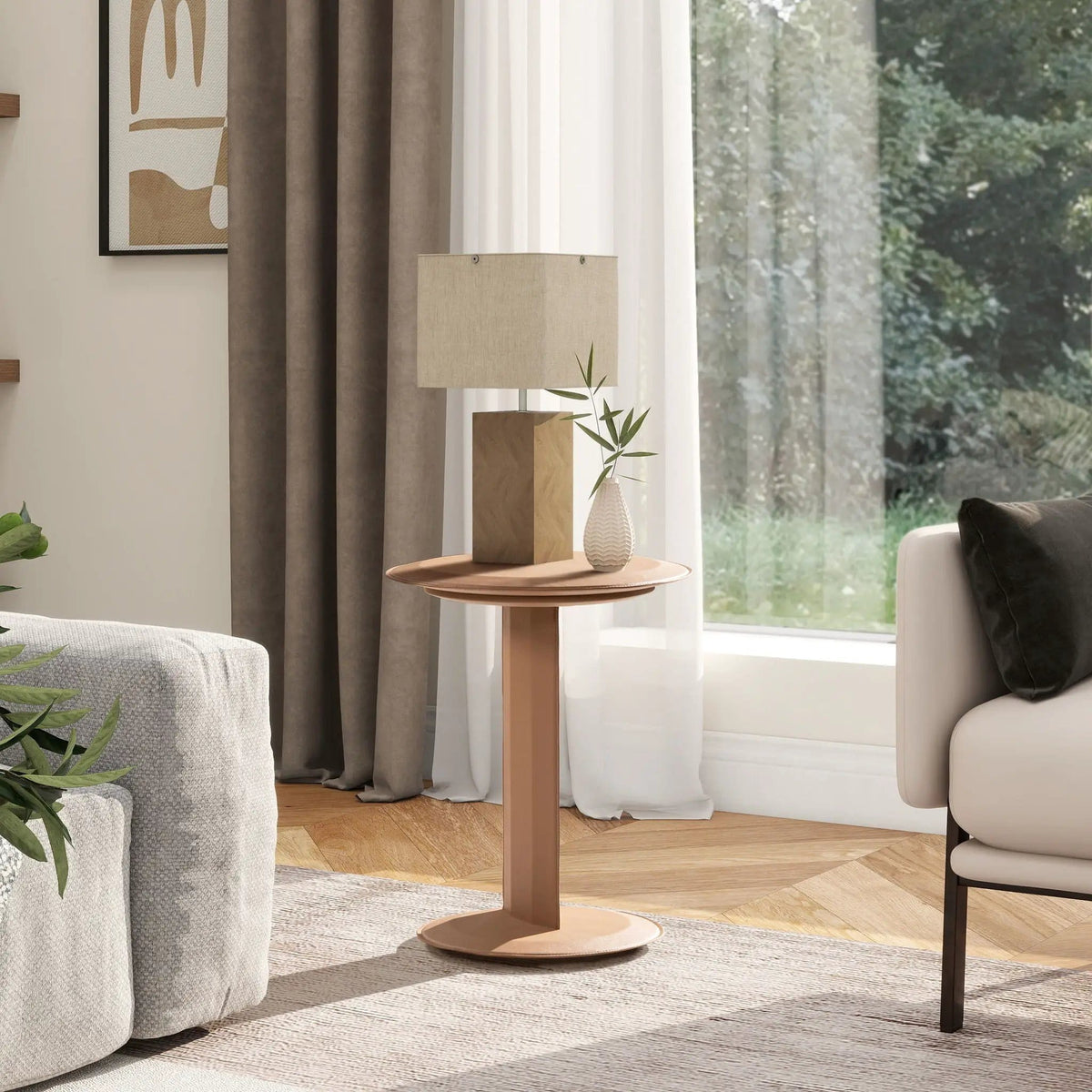 Mode Leatherette Round C-Shaped Sofa Side Table | 18 x 18 x 22.5 in | Living Room Furniture | Saddle Brown