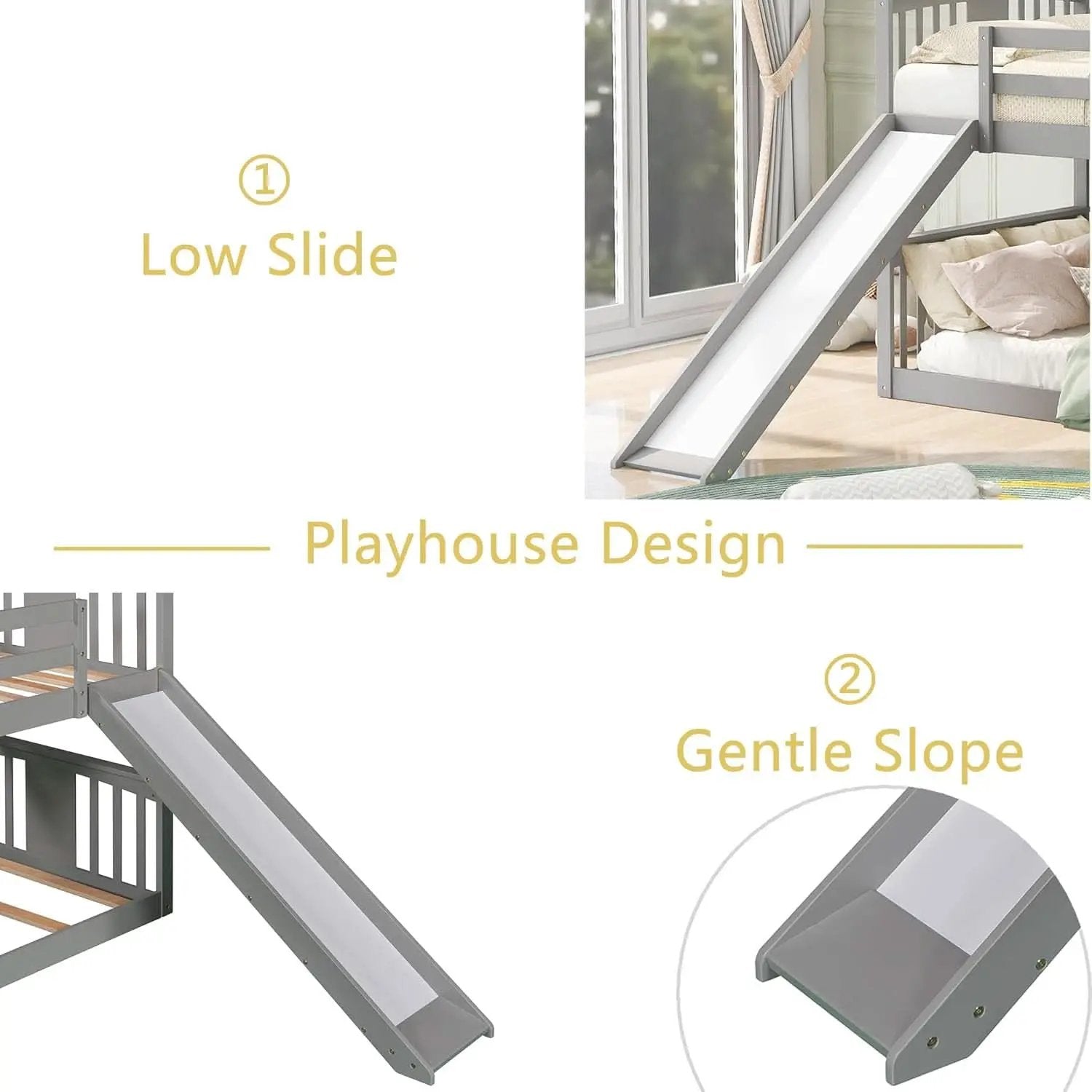 Twin Over Twin Bunk Bed With Slide In Gray For Kids from PriceLows™