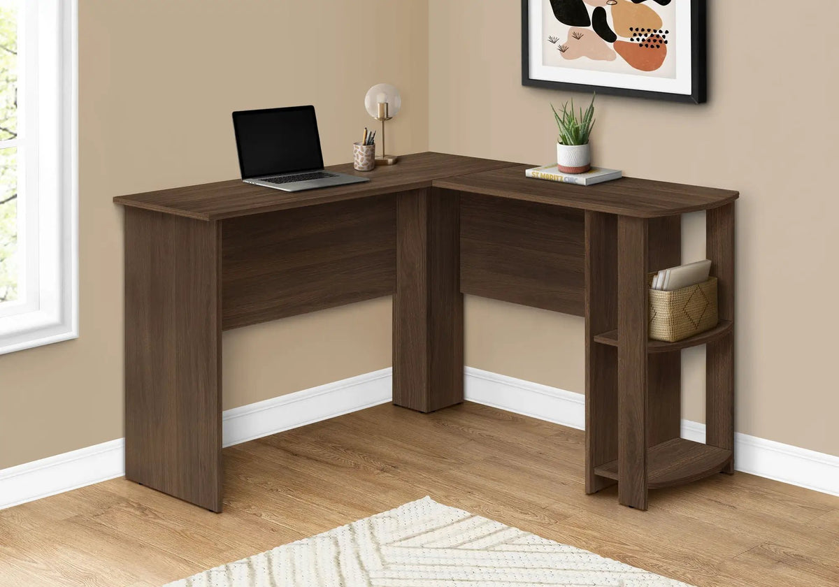 Walnut L-Shaped Corner Desk | 47 Inch Width | Wood-Look Finish | Open And Closed Right Storage