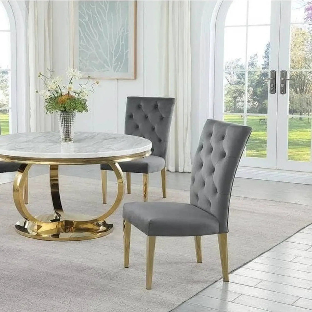 Upholstered Dining Chairs | Tufted Back | Stainless Steel Base | Set Of 2