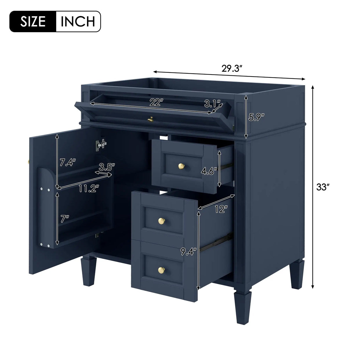 Bathroom Vanity | 3 Drawers | Blue Finish | Tip Out