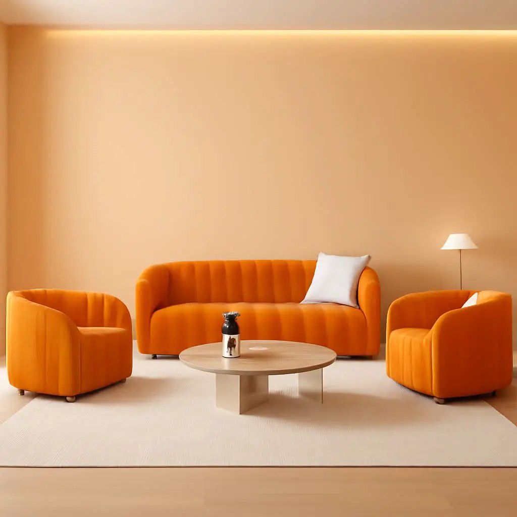 Orange Velvet Tufted Sofa Set With Gold Ball Legs Modern from PriceLows™