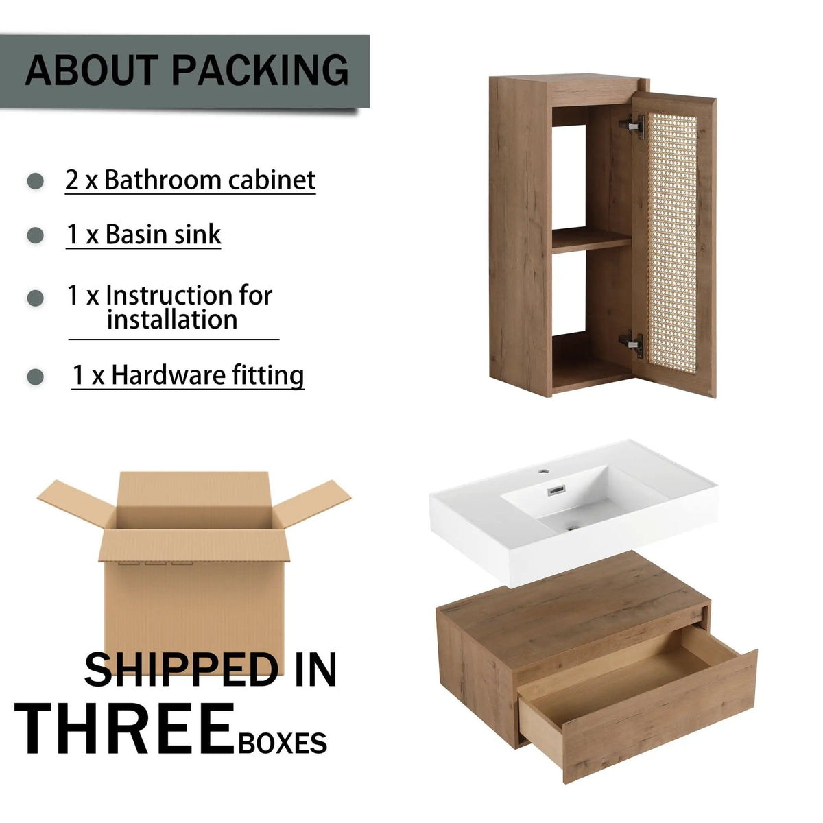Modern Imitative Wall Mounted Bathroom Vanity With Resin Sink And Side Cabinet | 2 Pieces | Plywood & Resin | Bathroom