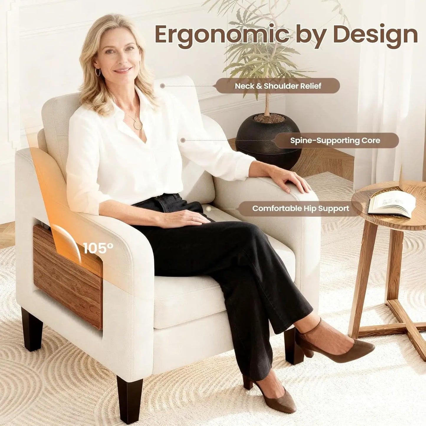 Beige Upholstered Accent Chair Foldable Table Home from PriceLows™