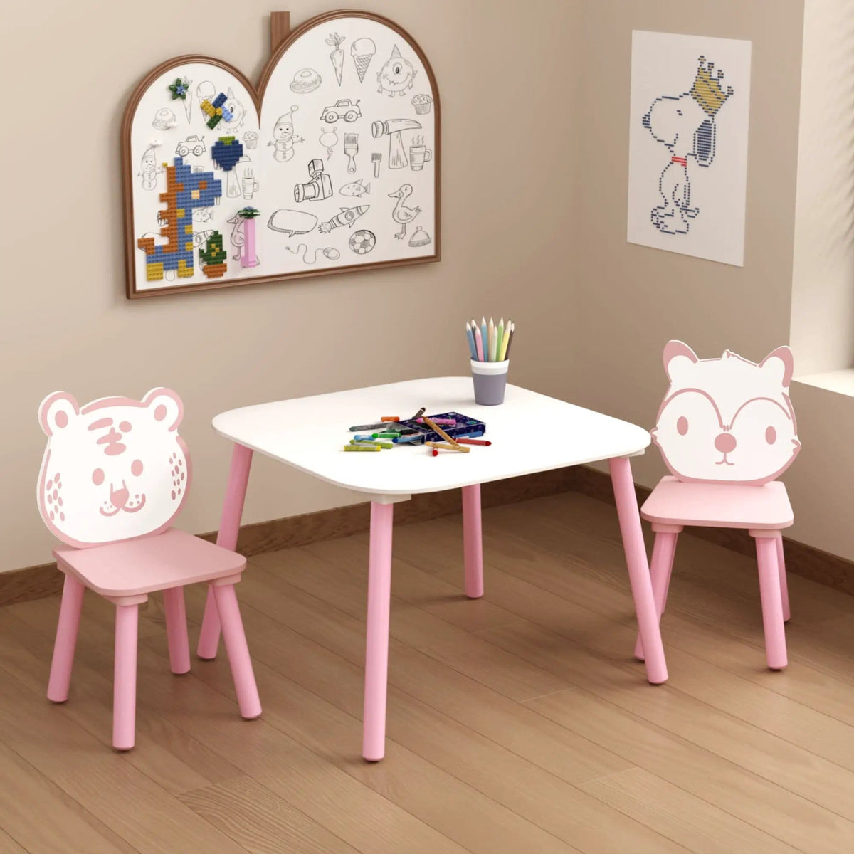 Table And Chair Set, 3 Piece Wooden Toddler Desk With Animal Backrest Pink / | 3-Piece Set | Mdf | White